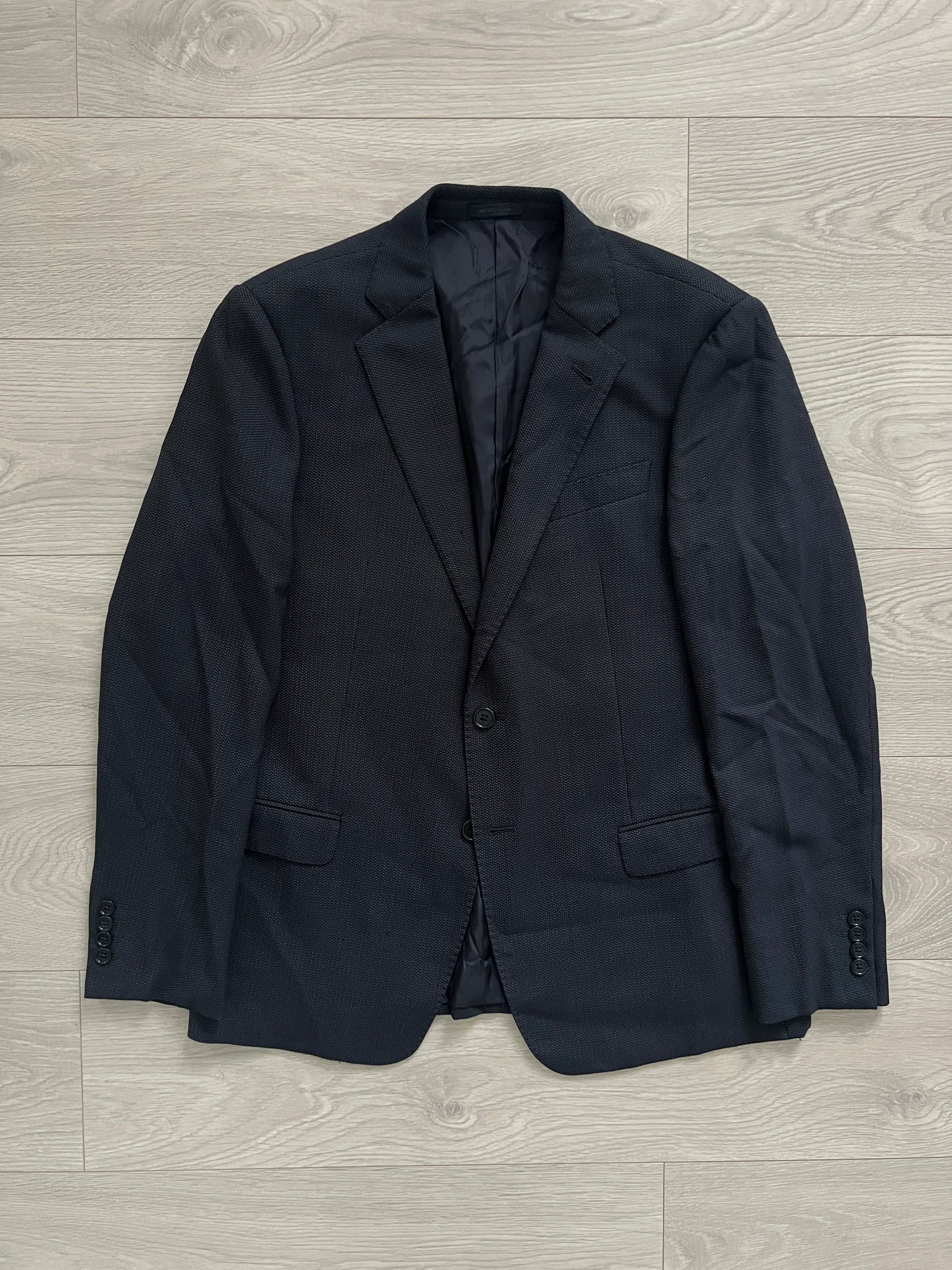 Armani Wool Pleated Blue Textured Suit - Size L Jacket / 34" Waist