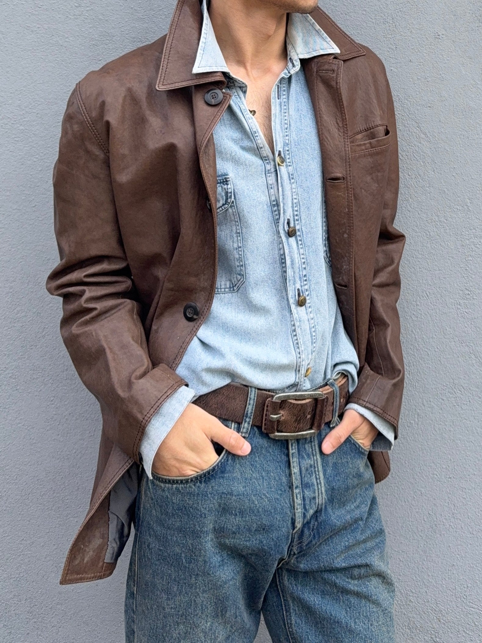 Armani 2000s Tobacco Brown Leather Western Jacket - Size XL