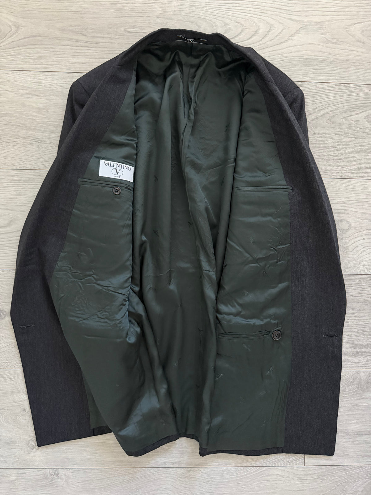Valentino 1980s Peaked Lapel Double Breasted Wool Herringbone Grey Sport Jacket Blazer - Size L