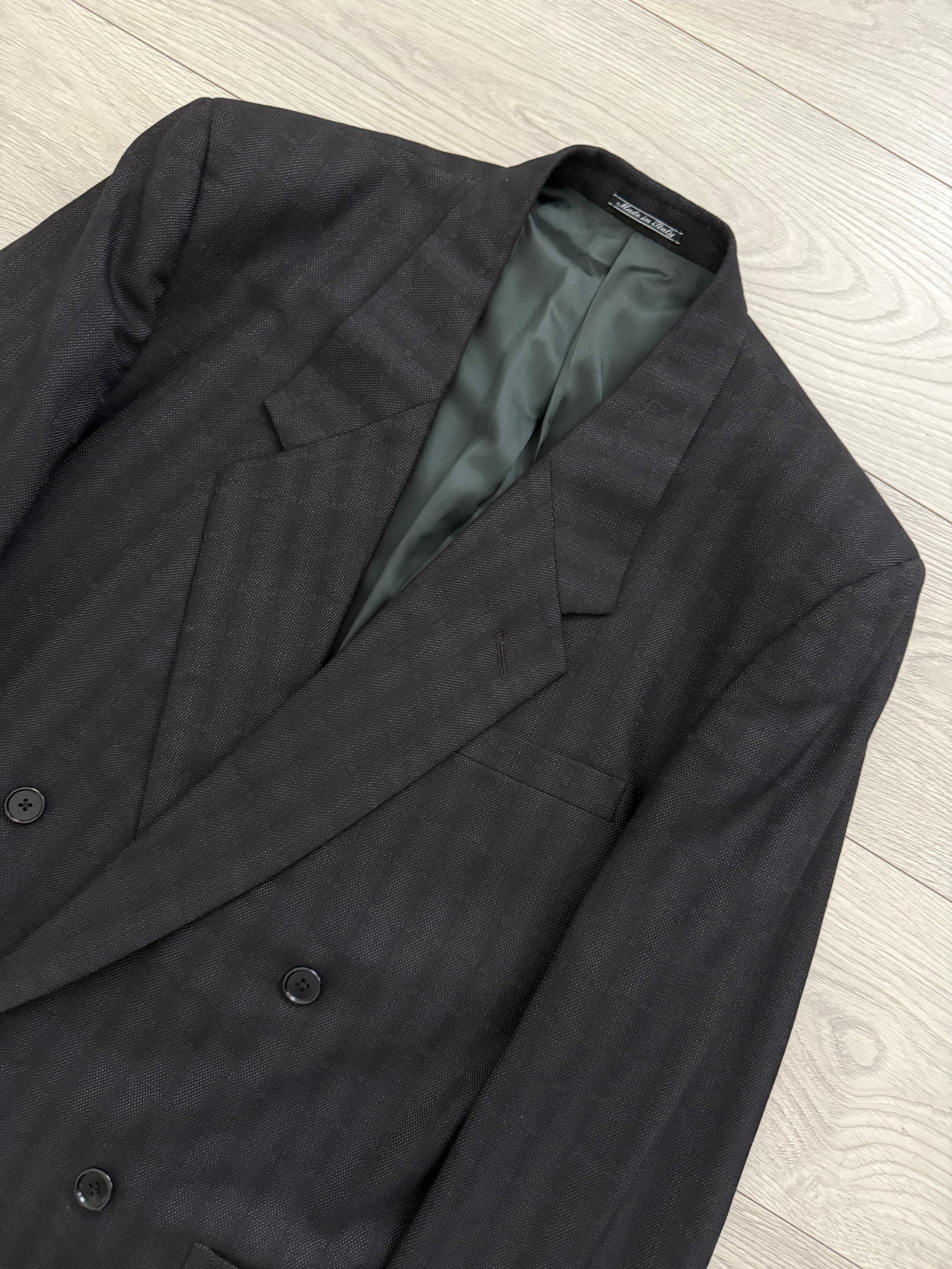 Versace 1980s Notch Lapel Double Breasted Triple Pleat Textured Black Wool Suit - Size M Jacket / 32" Waist