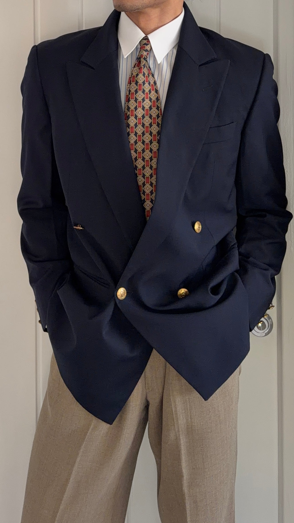 Valentino 1980s Metal Button Double Breasted Wool Navy Sport Jacket Blazer - Size S