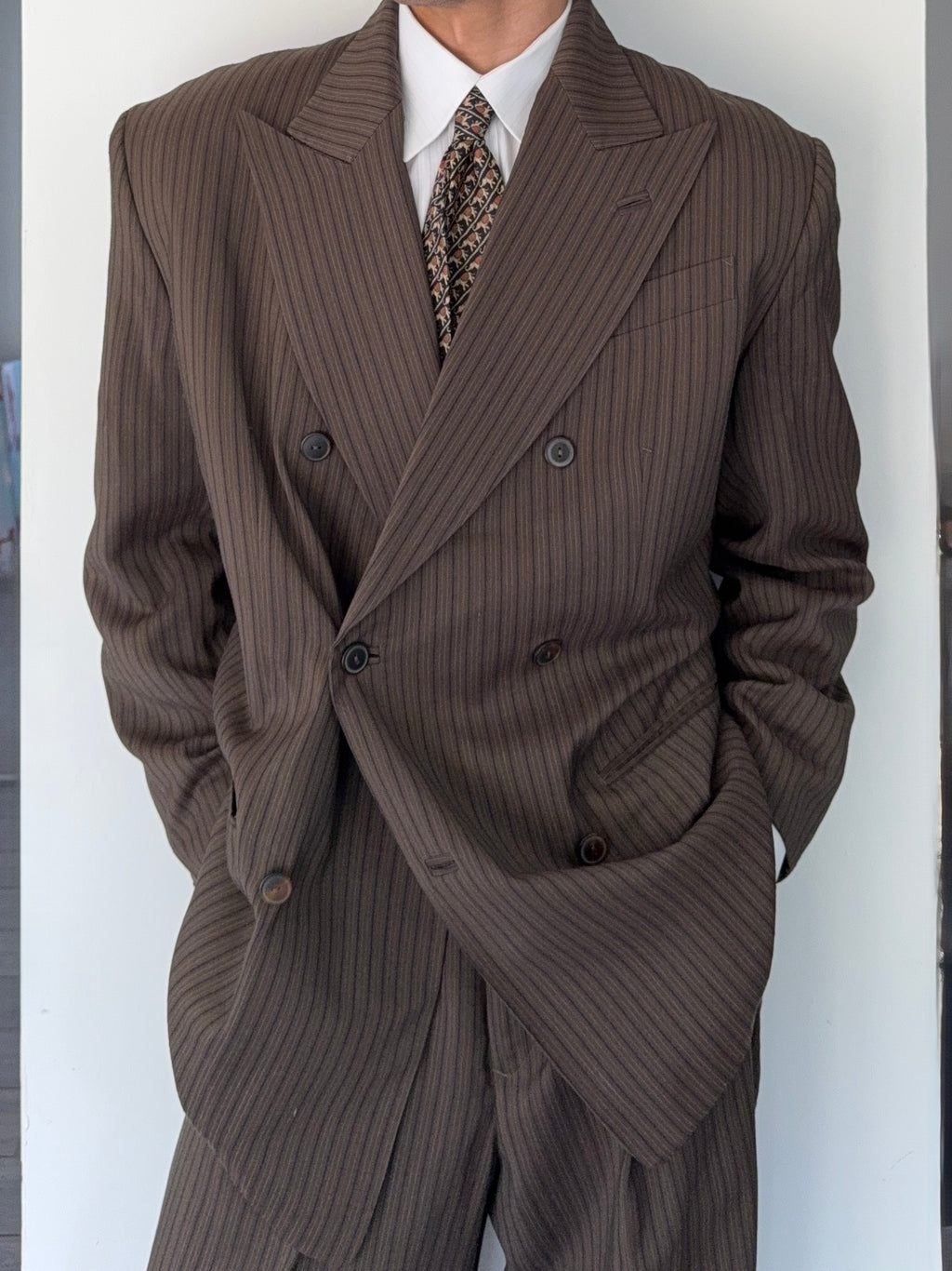 Jean Paul Gaultier 1990s Peaked Lapel Double Breasted Pleated Textured Suit - Size XL Jacket / 34" Waist