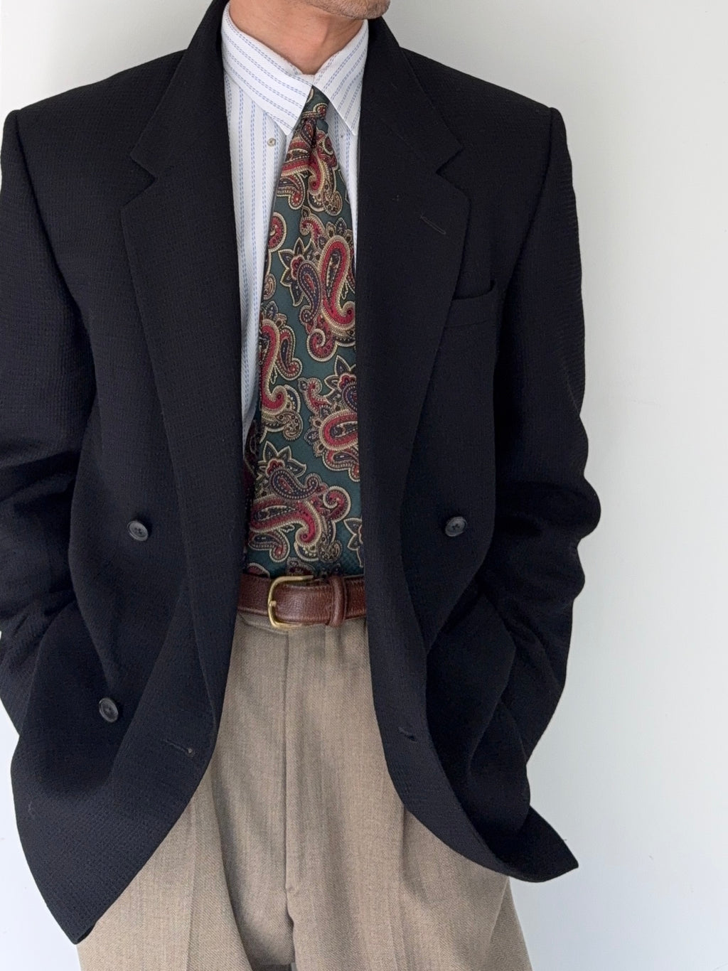 Versace 1980s Double Breasted Notch Lapel Textured Wool Sports Blazer Jacket Black - Size M