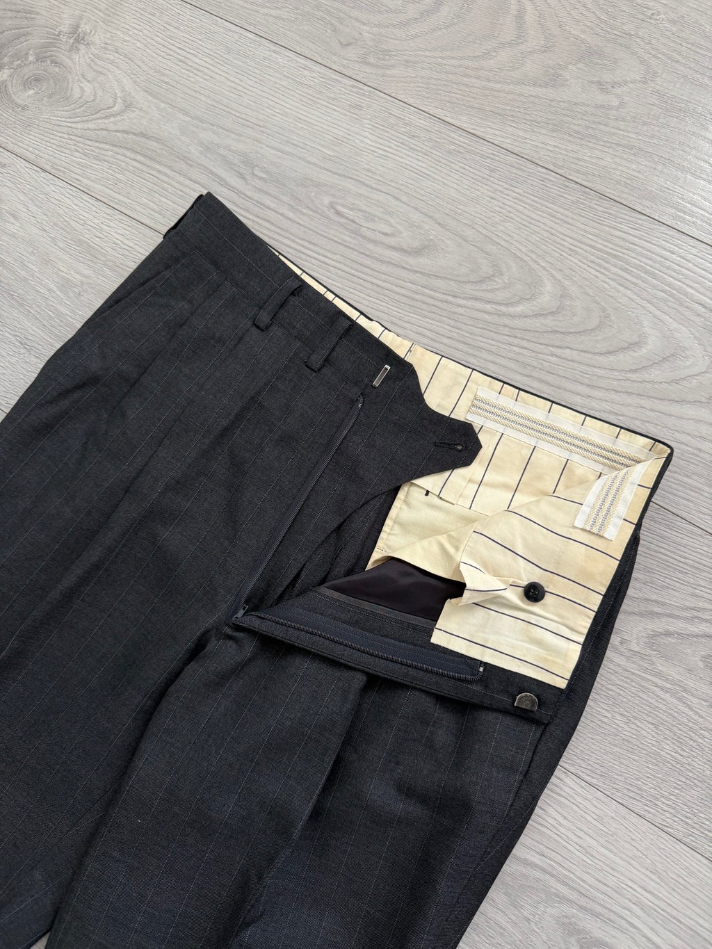 Yves Saint Laurent 1990s Double-Breasted Pleated Striped Grey Wool Suit - Size L Jacket / 32" Waist