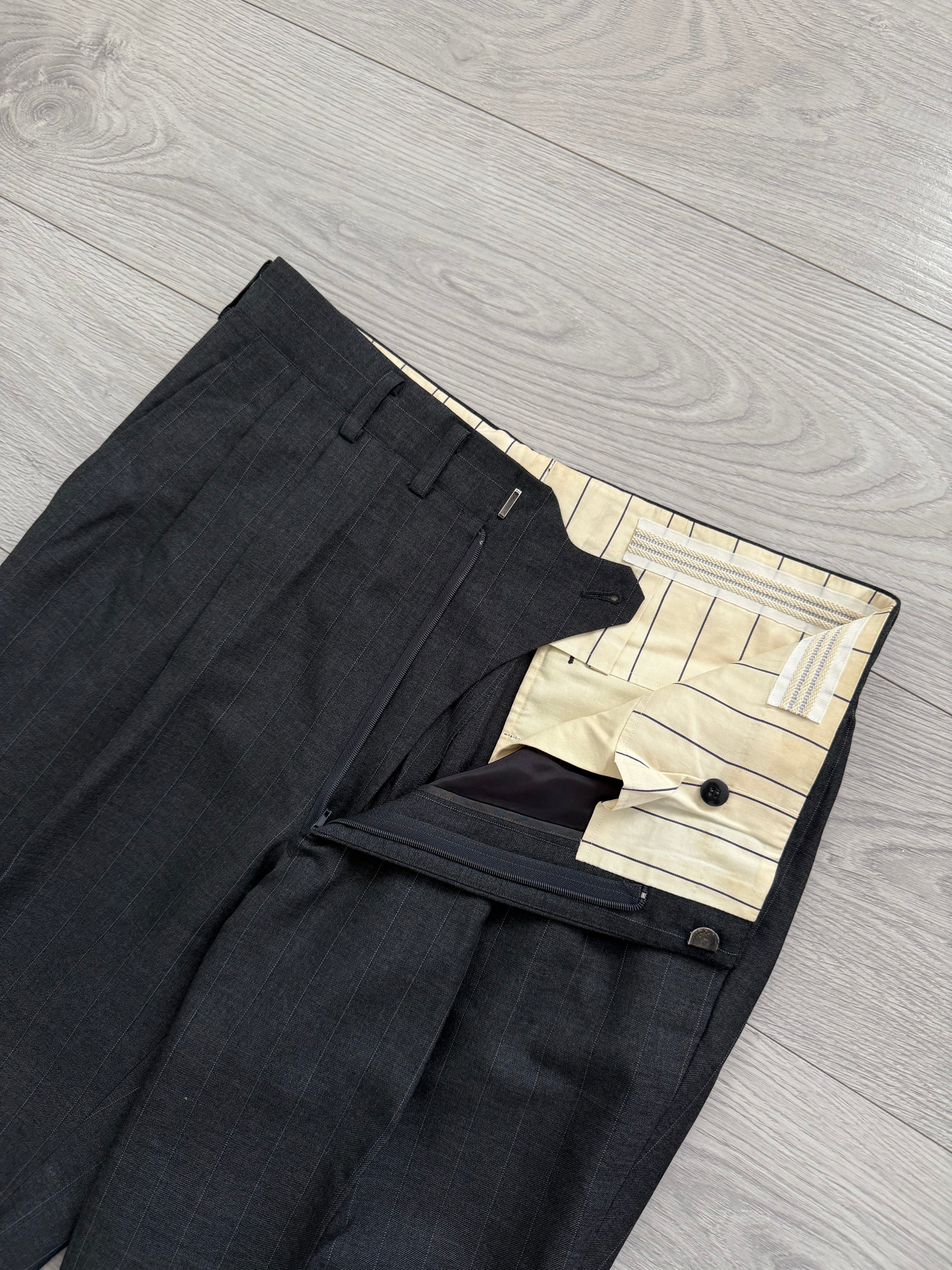Yves Saint Laurent 1990s Double-Breasted Pleated Striped Grey Wool Suit - Size L Jacket / 32" Waist