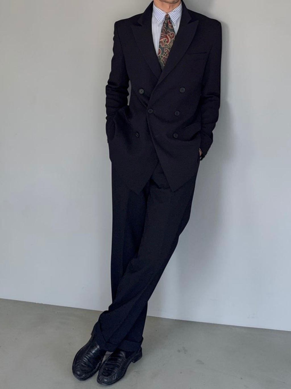 Emporio Armani 1990s 6B Peaked Lapel Double Breasted Herringbone Wool Suit Navy - Size S Jacket / 30" Waist
