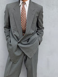Versace 1980s Notch Lapel Double Breasted Pleated Wool Striped Grey Suit - Size L Jacket / 34" Waist