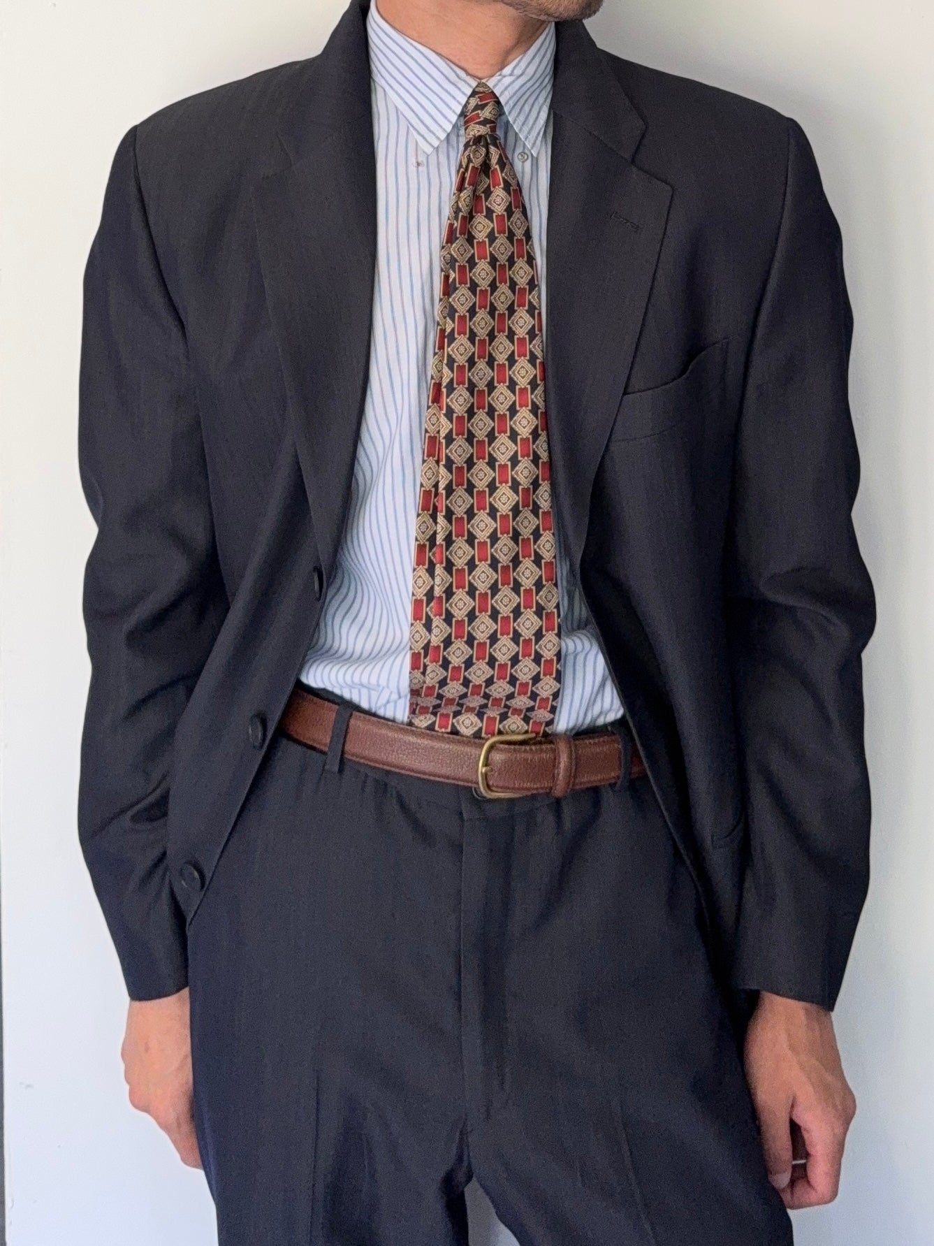 Emporio Armani 1990s 3B Wool Blend Draped Heathered Blue Suit - Size M Jacket / 32" Waist