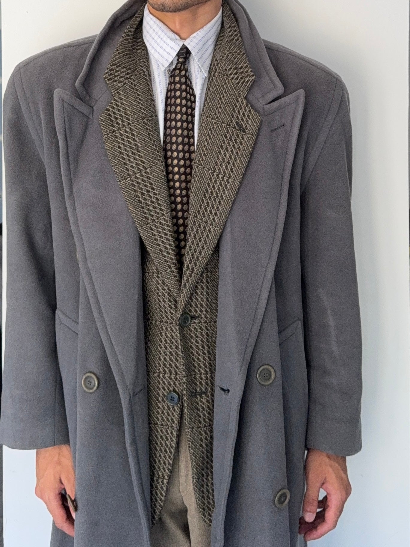 Hugo Boss 1980s 'Yamaha' Peaked Lapel Double-Breasted Wool Coat Grey - Size M