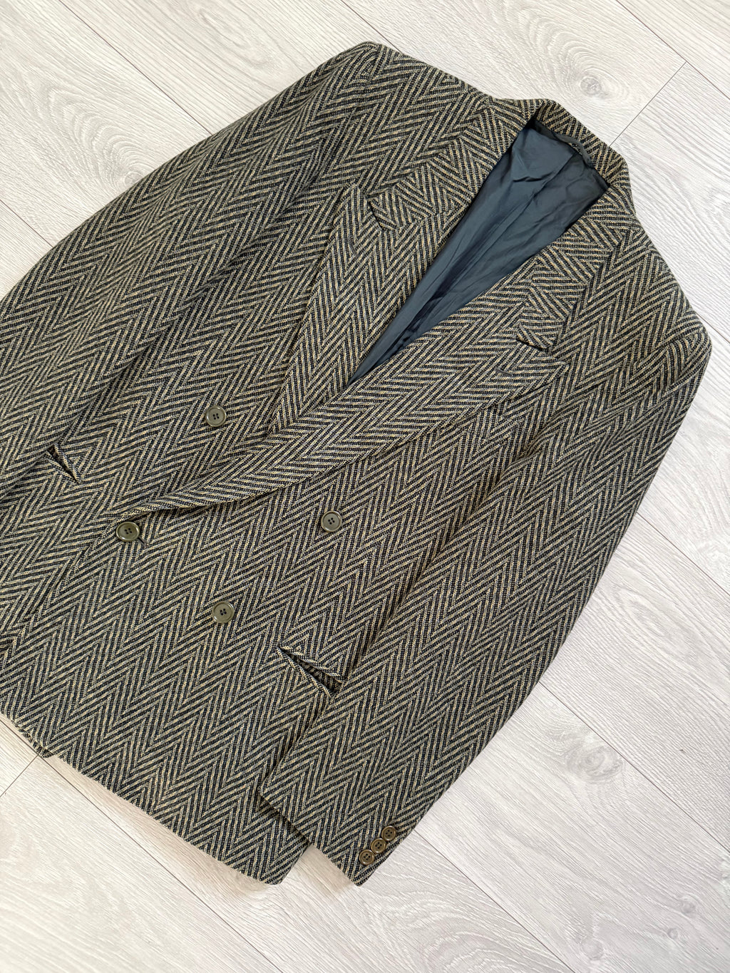 Hilton Armani 1980s Peaked Lapel Double Breasted Herringbone Sports Jacket Blazer - Size S