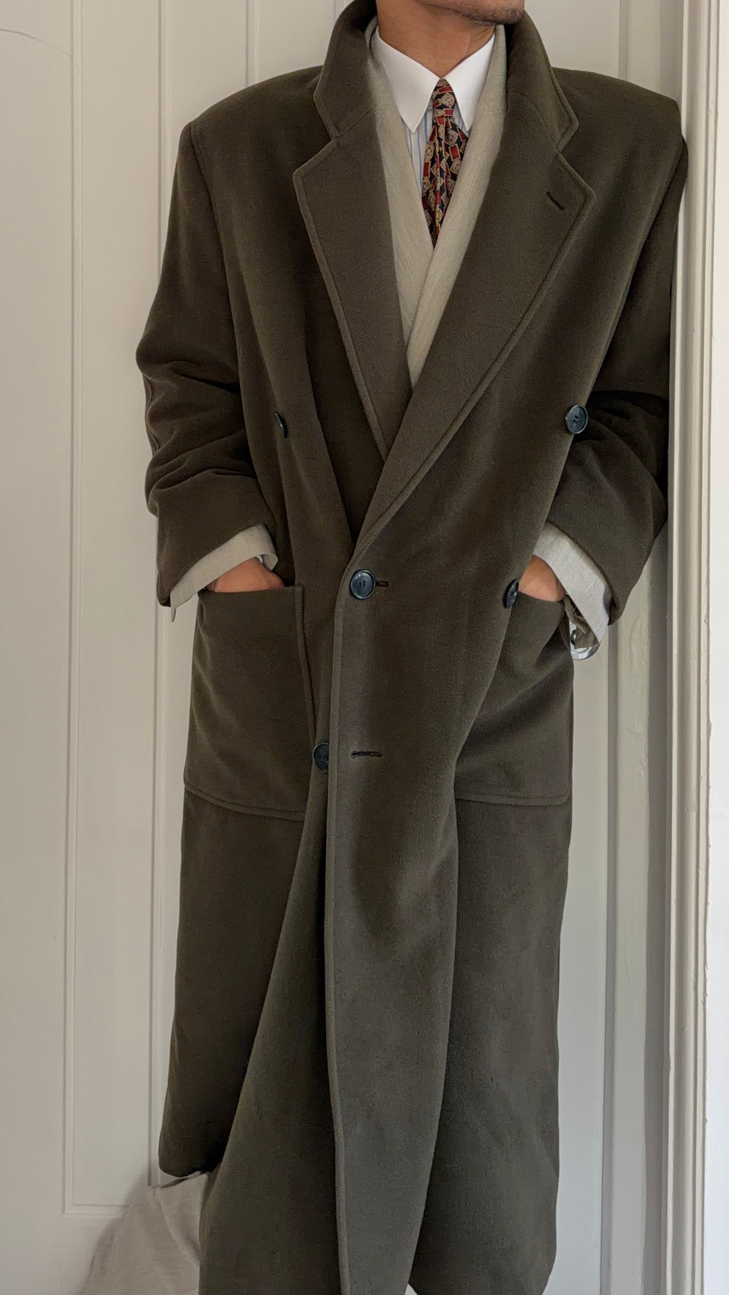 Giorgio Armani 1980s Double Breasted Long Wool Overcoat Green - Size M