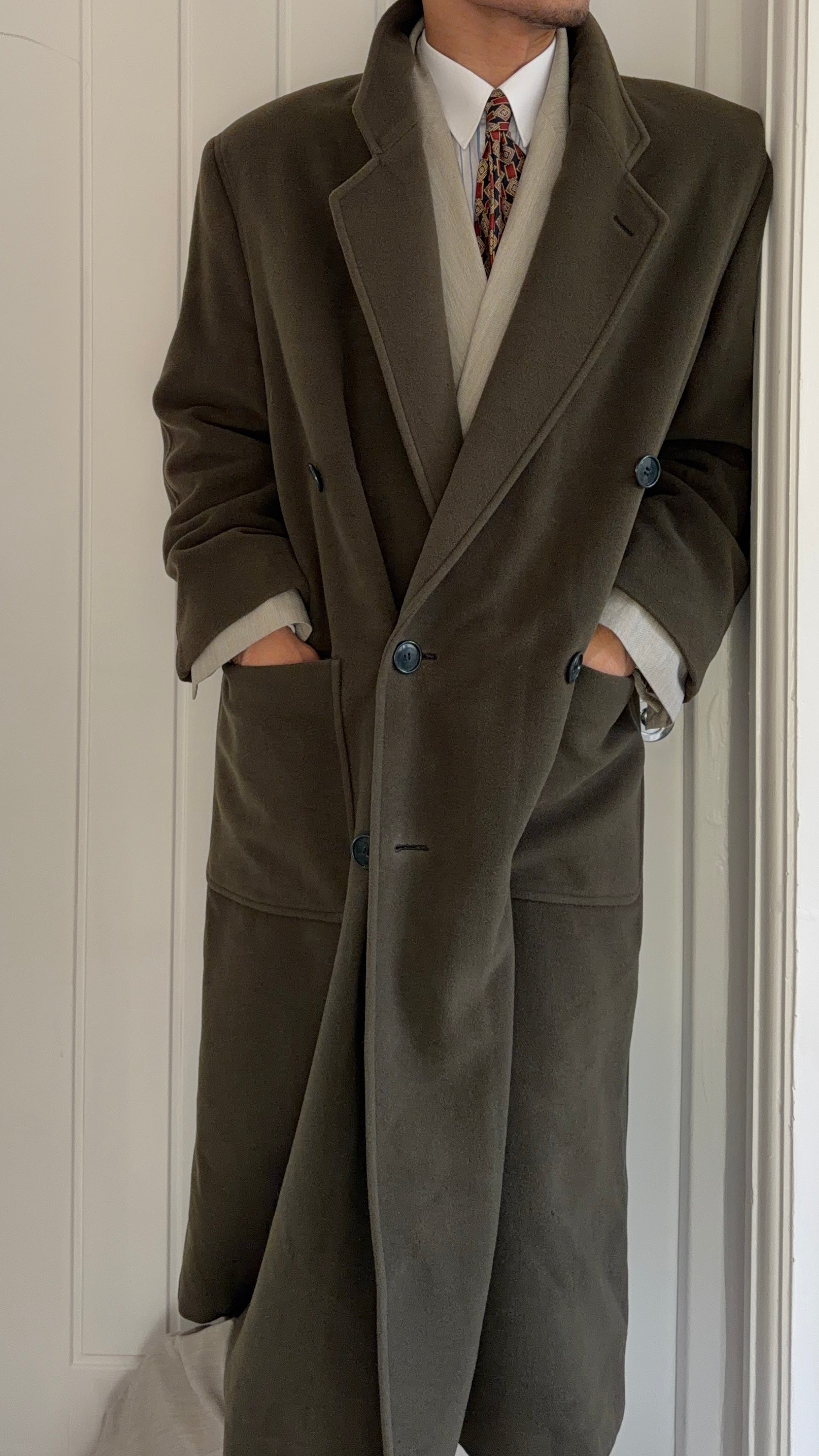 Giorgio Armani 1980s Double Breasted Long Wool Overcoat Green - Size M