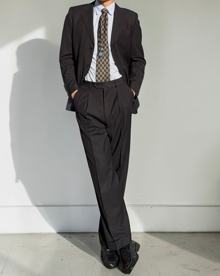 Armani 1990s Pinstriped Pleated Wool Black Suit - Size S Jacket / 30" Waist