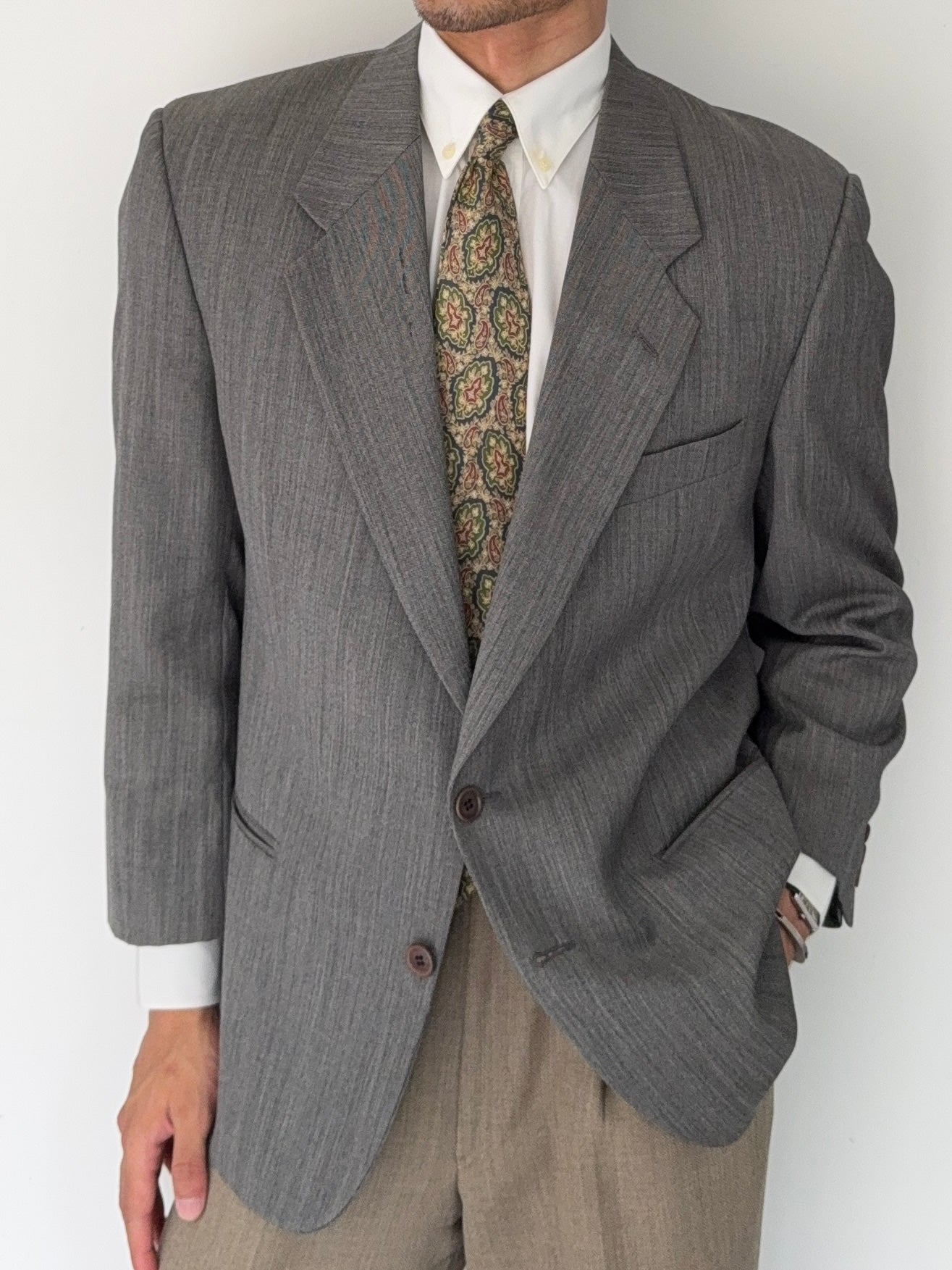 Valentino 1980s 2B Heathered Grey Wool Sports Blazer Jacket - Size L