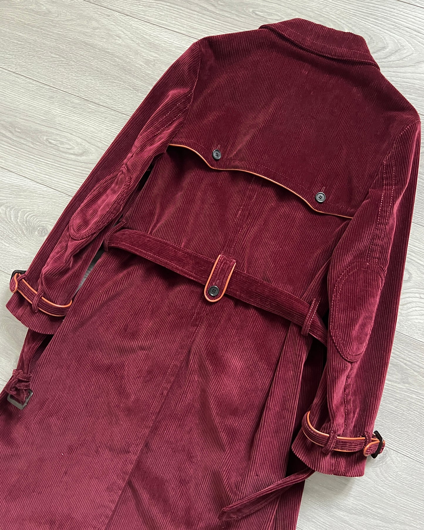 Prada FW2017 Runway Burgundy Red Western Corduroy Belted Coat - Size M