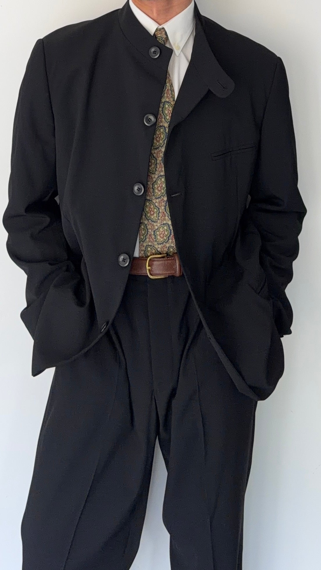 Armani 1990s Nehru Collar Draped Wool Suit - Size XXL Jacket / 38" Waist