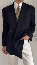 Emporio Armani 1980s Peaked Lapel Double Breasted Wool Navy Sport Jacket Blazer - Size L