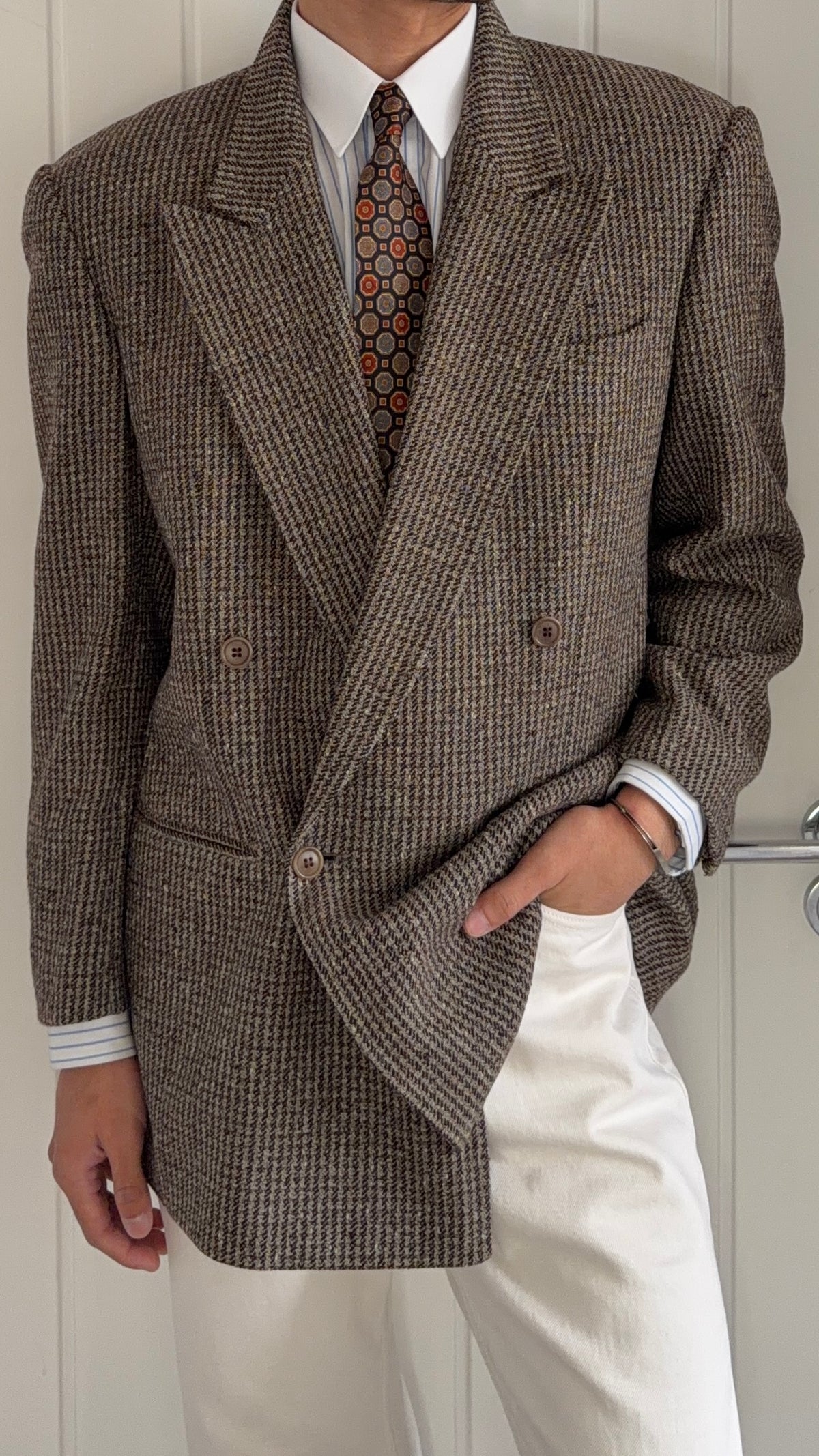Valentino 1980s Peaked Lapel Double Breasted Textured Wool Sport Jacket Blazer - Size M
