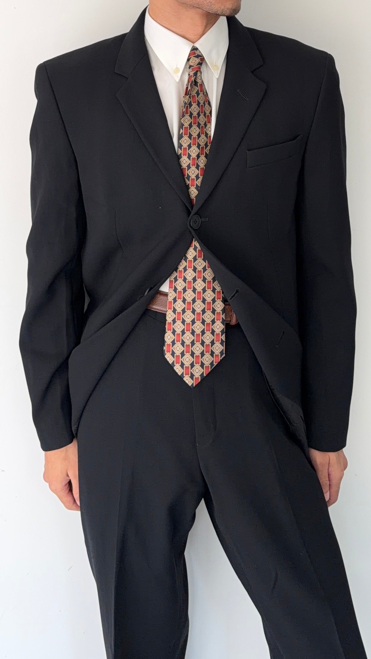 Emporio Armani 1990s 3B Black Draped Wool Suit - Size L Jacket / 34" Waist