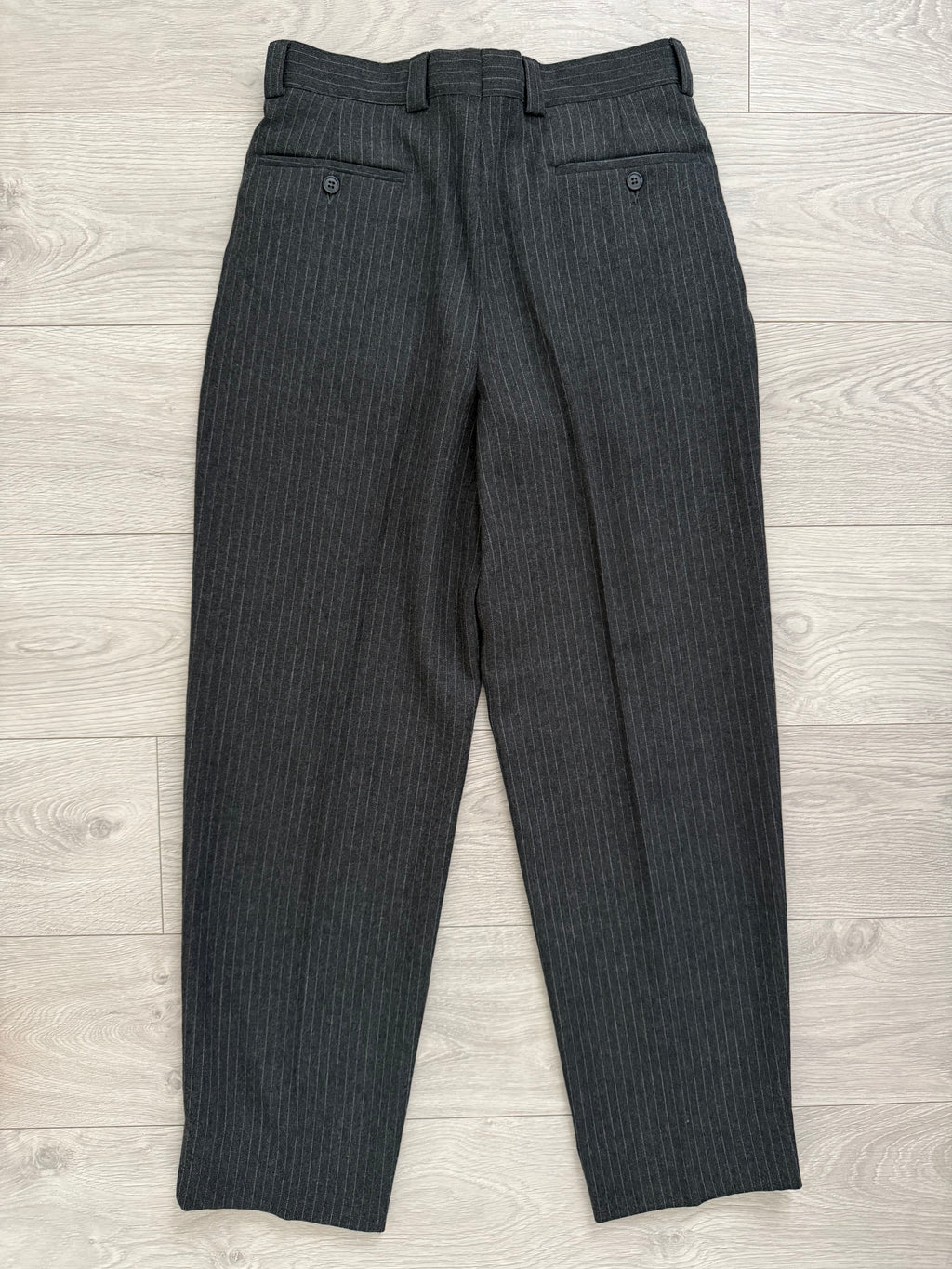 Versace 1980s Notch Lapel Double Breasted Pleated Wool Pinstriped Suit Grey - Size M Jacket / 32" Waist