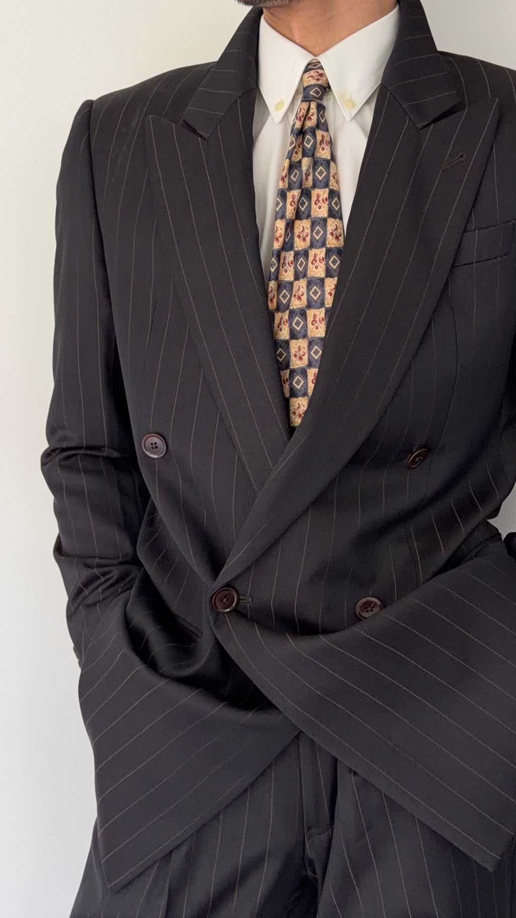 Armani 1990s Peaked Lapel Double Breasted Pleated Wool Suit Espresso Black - Size M Jacket / 32" Waist