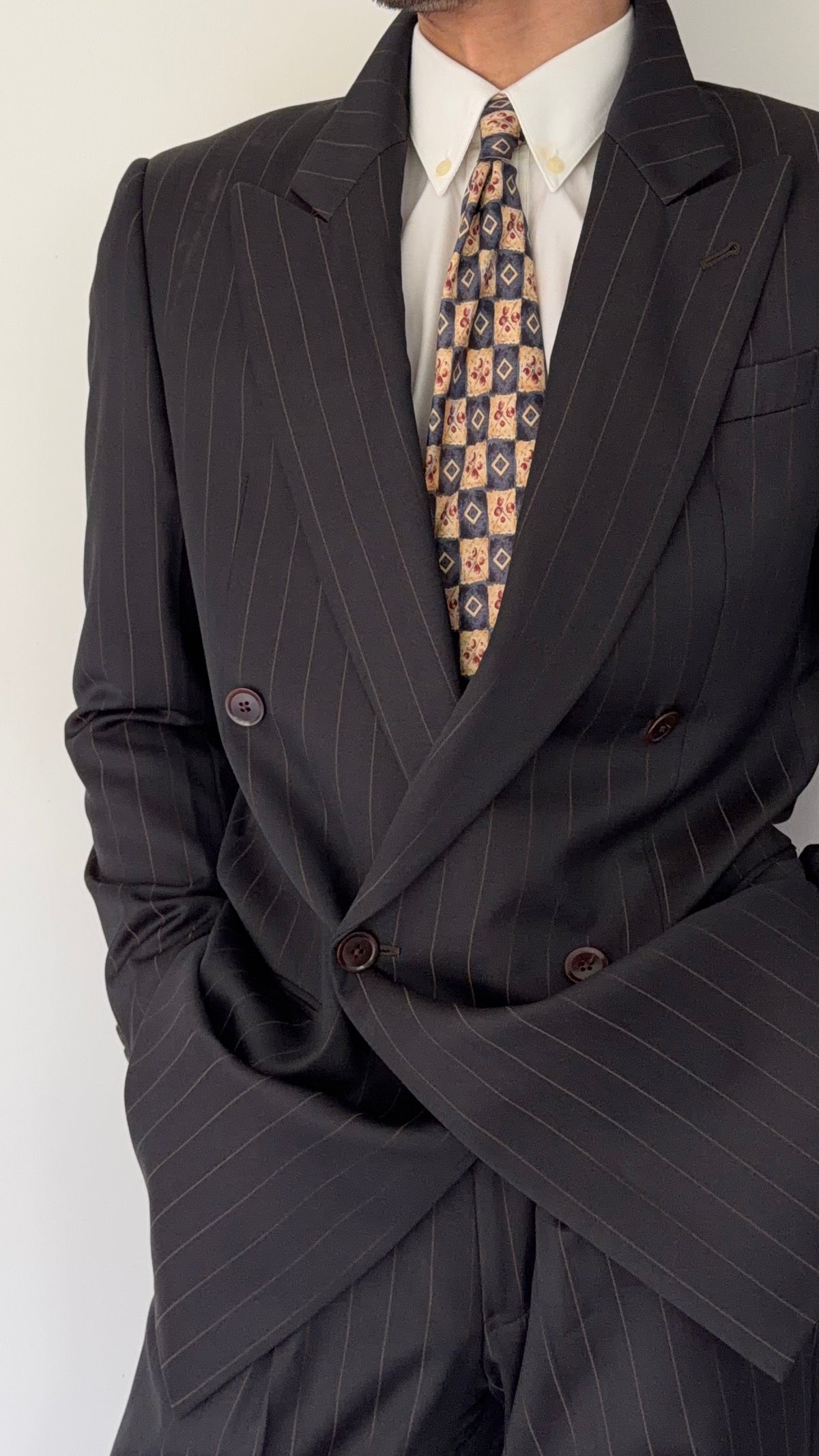 Armani 1990s Peaked Lapel Double Breasted Pleated Wool Suit Espresso Black - Size M Jacket / 32" Waist