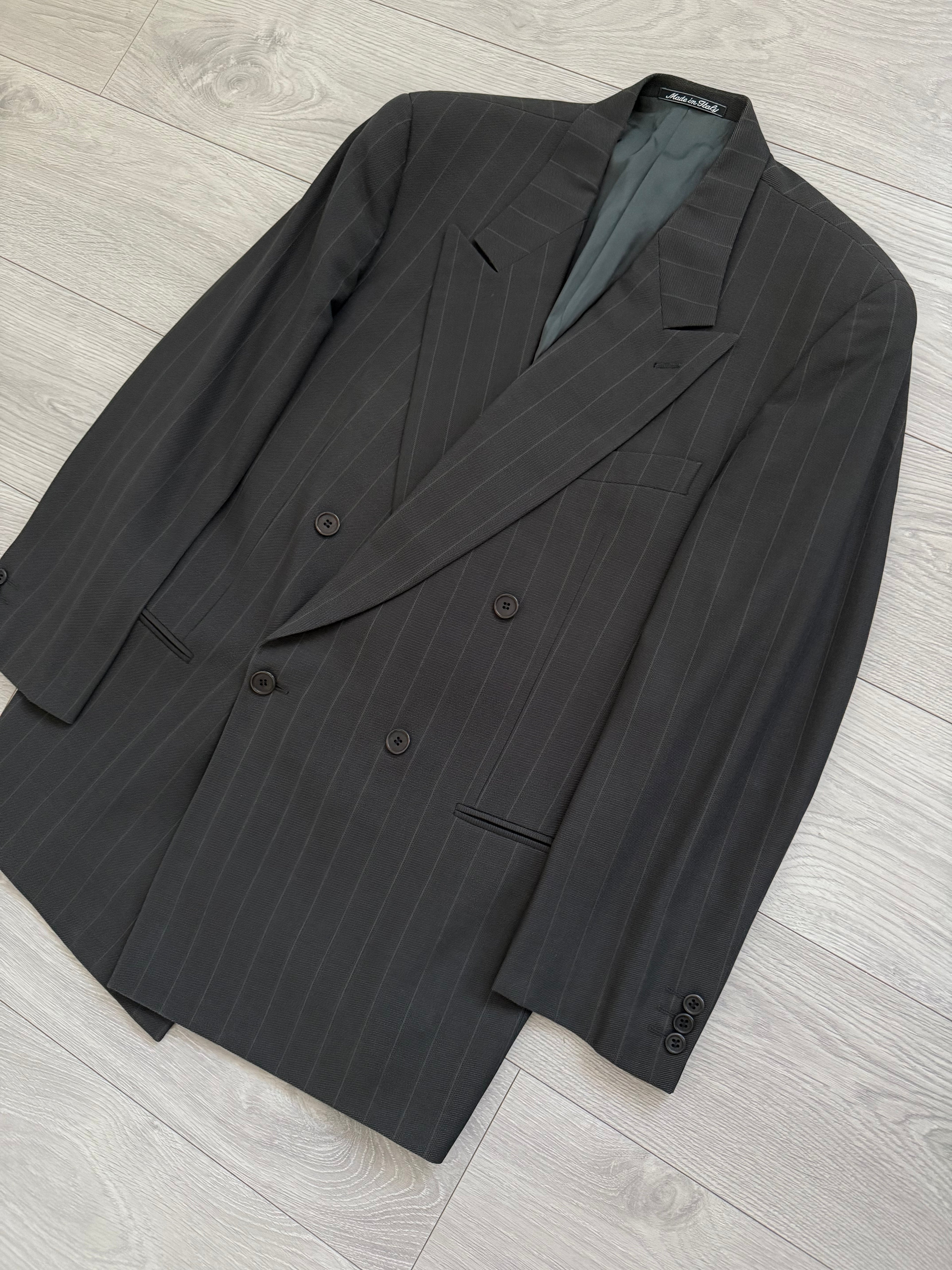 Giorgio Armani 1980s Peaked Lapel Double Breasted Striped Wool Pleated Suit - Size L Jacket / 34" Waist