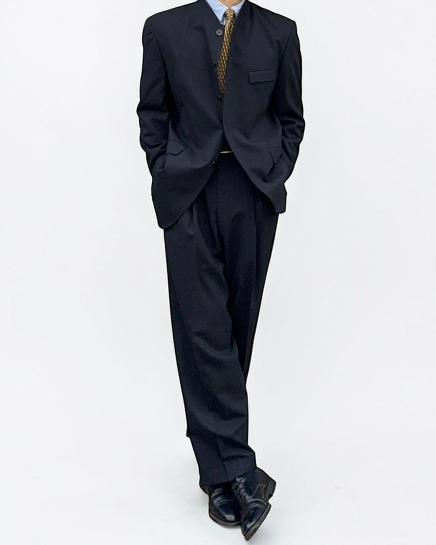 Yves Saint Laurent 1980s Mandarin Collar Pleated Wool Suit - Size L Jacket / 32" Waist