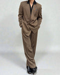 Giorgio Armani 1980s Double Breasted Pleated Wool Suit Taupe Brown New - Size L Jacket / 32" Waist