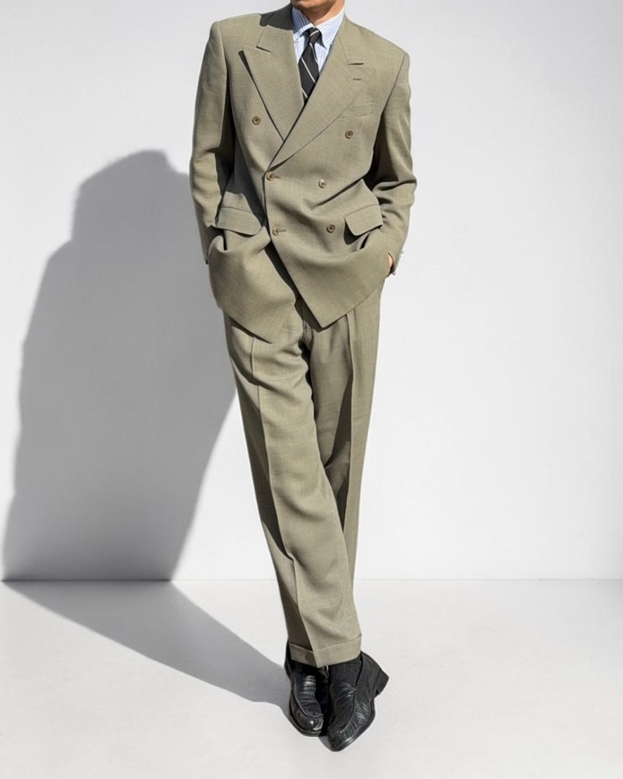 Valentino 1980s 6B Double Breasted Wool Power Suit in Taupe Olive - Size M Jacket / 32" Waist