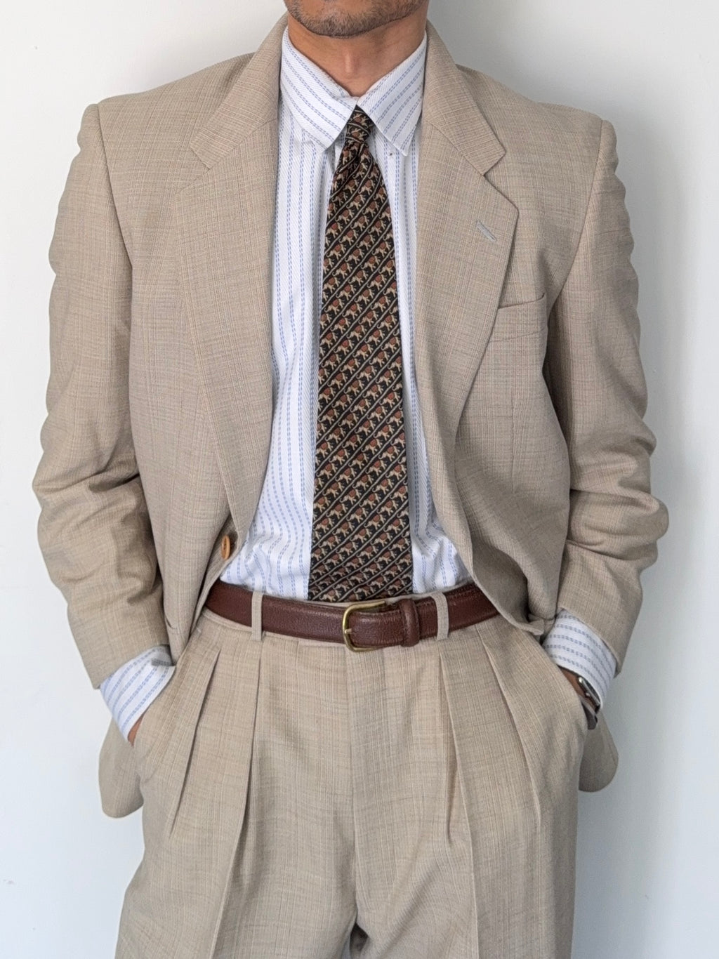 Paul Smith 1990s 2B Wool Silk Ecru Pleated Suit - Size S Jacket / 31" Waist