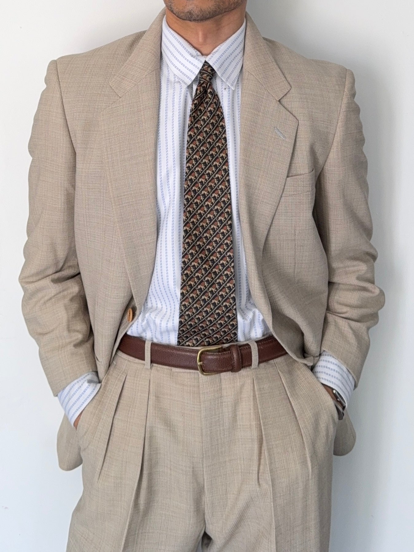 Paul Smith 1990s 2B Wool Silk Ecru Pleated Suit - Size S Jacket / 31" Waist