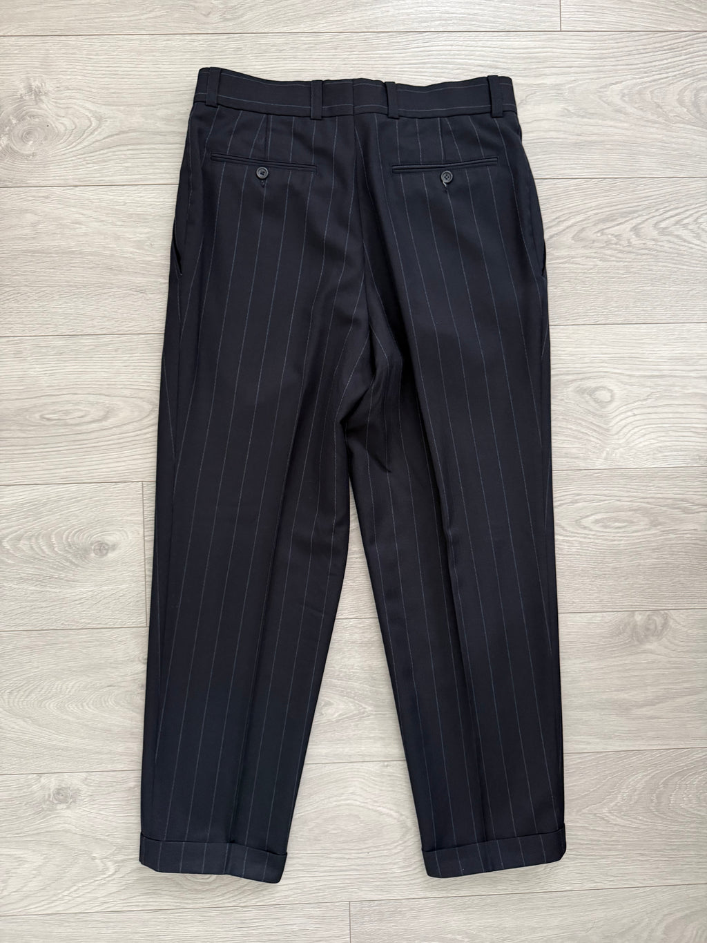 Hugo Boss 1990s 'Nostalgia' 6B Double Breasted Pleated Striped Wool Navy Suit - Size M Jacket / 32" Waist