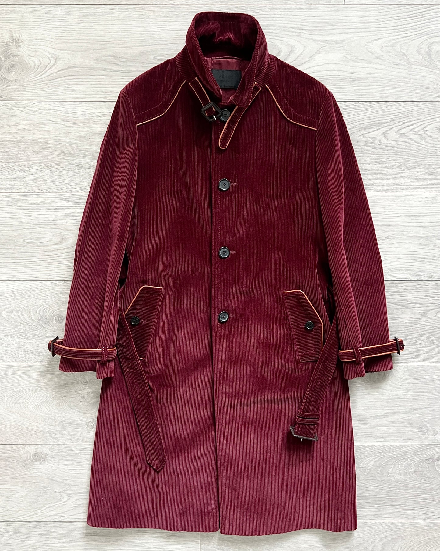 Prada FW2017 Runway Burgundy Red Western Corduroy Belted Coat - Size M