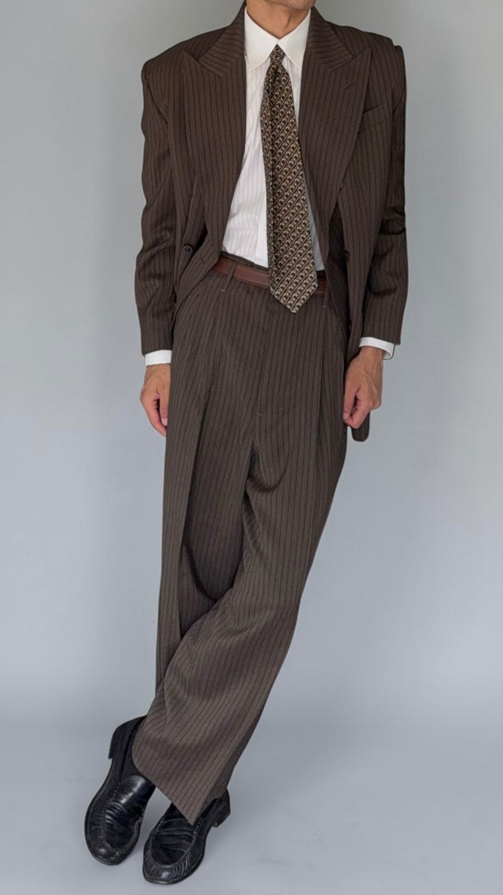 Jean Paul Gaultier 1990s Peaked Lapel Double Breasted Pleated Textured Suit - Size XL Jacket / 34" Waist