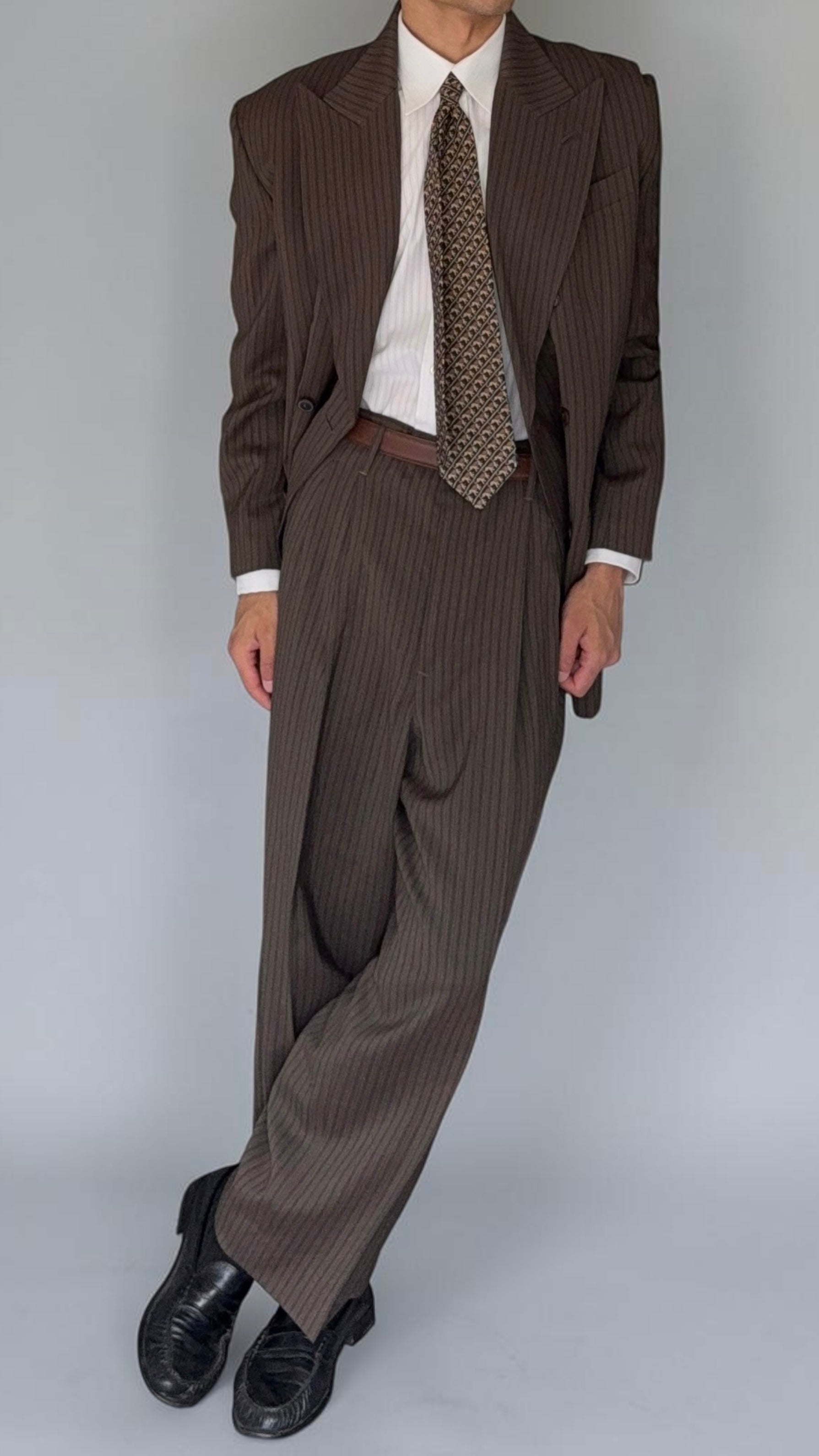 Jean Paul Gaultier 1990s Peaked Lapel Double Breasted Pleated Textured Suit - Size XL Jacket / 34" Waist