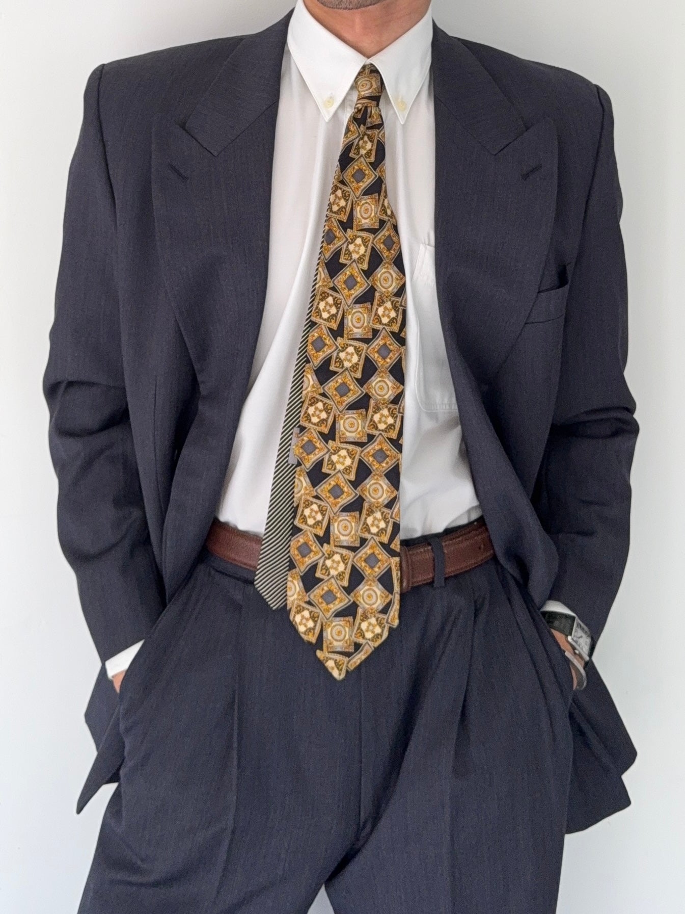 Missoni 1980s Peaked Lapel Double Breasted Pleated Wool Grey Suit - Size S Jacket / 32" Waist