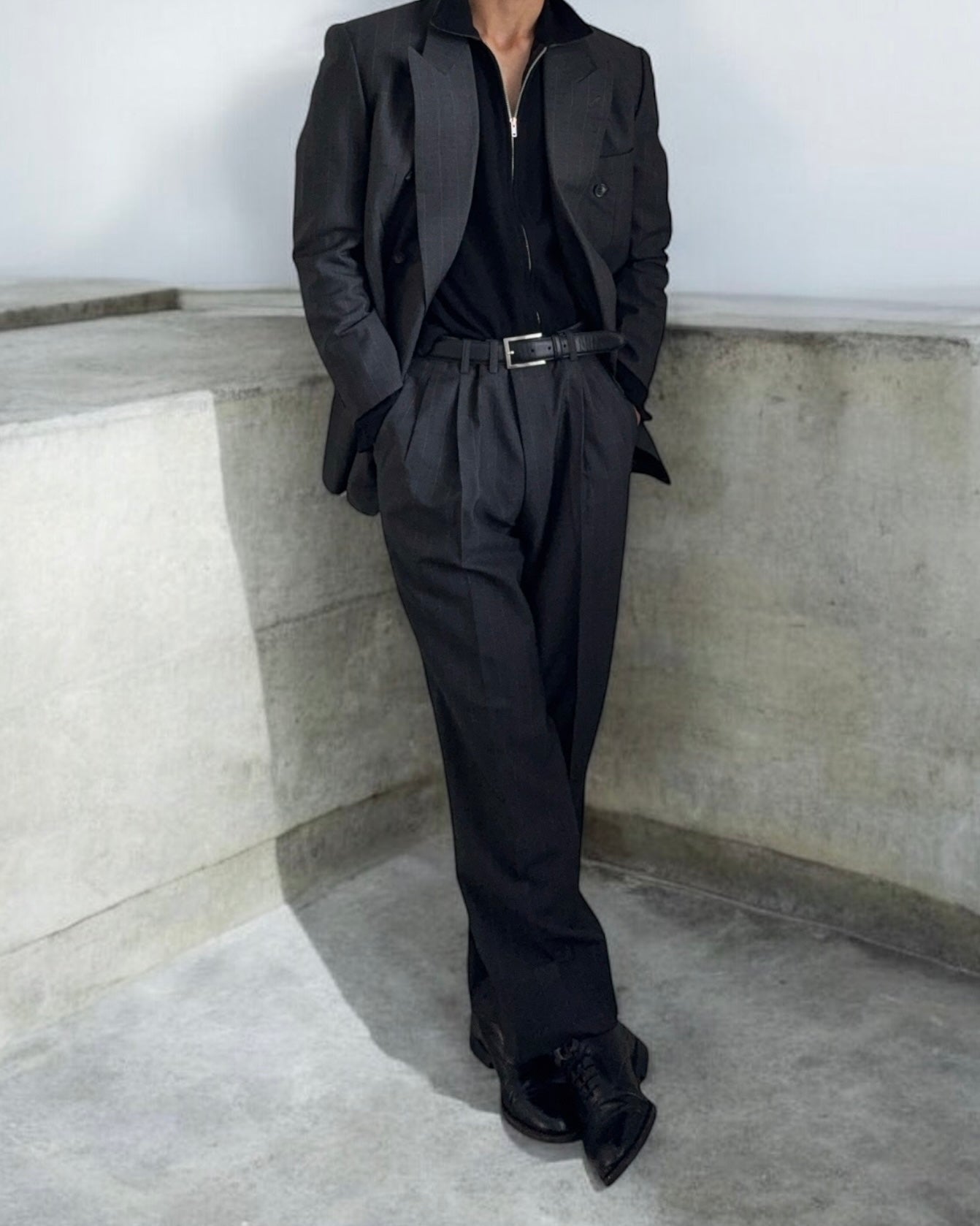 Yves Saint Laurent 1990s Double-Breasted Pleated Striped Grey Wool Suit - Size L Jacket / 32" Waist