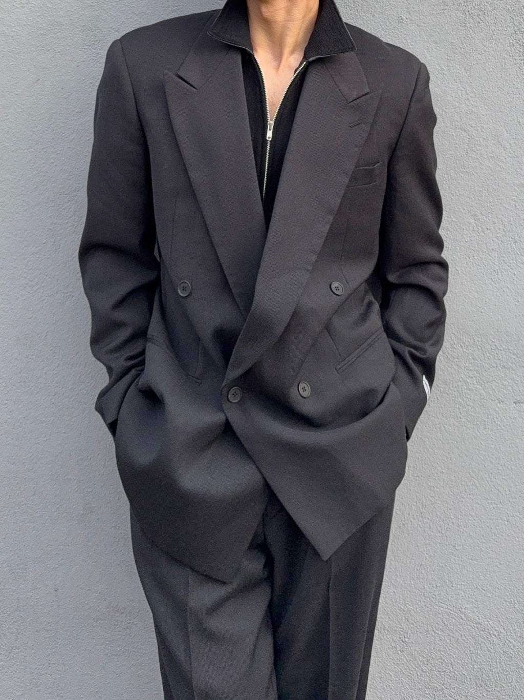 Giorgio Armani 1980s Double Breasted Pleated Wool Suit Black New - Size L Jacket / 32" Waist