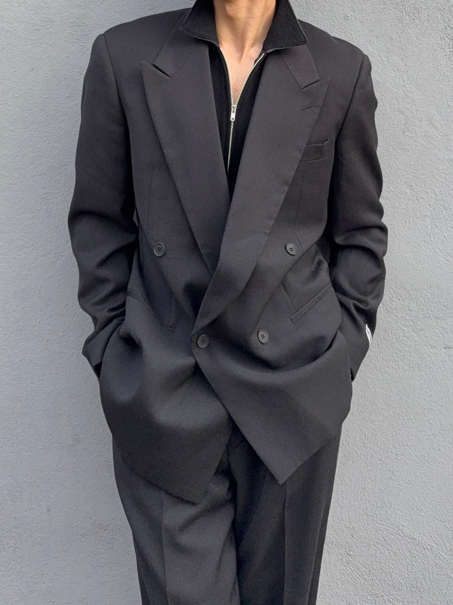 Giorgio Armani 1980s Double Breasted Pleated Wool Suit Black New - Size L Jacket / 32" Waist