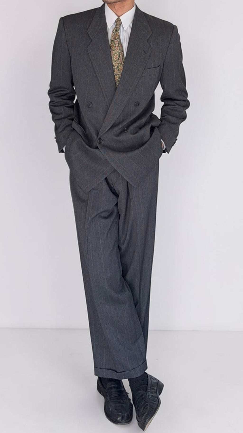 Giorgio Armani Mani 1980s Peaked Lapel Double Breasted Wool Suit Grey - Size L Jacket / 33" Waist