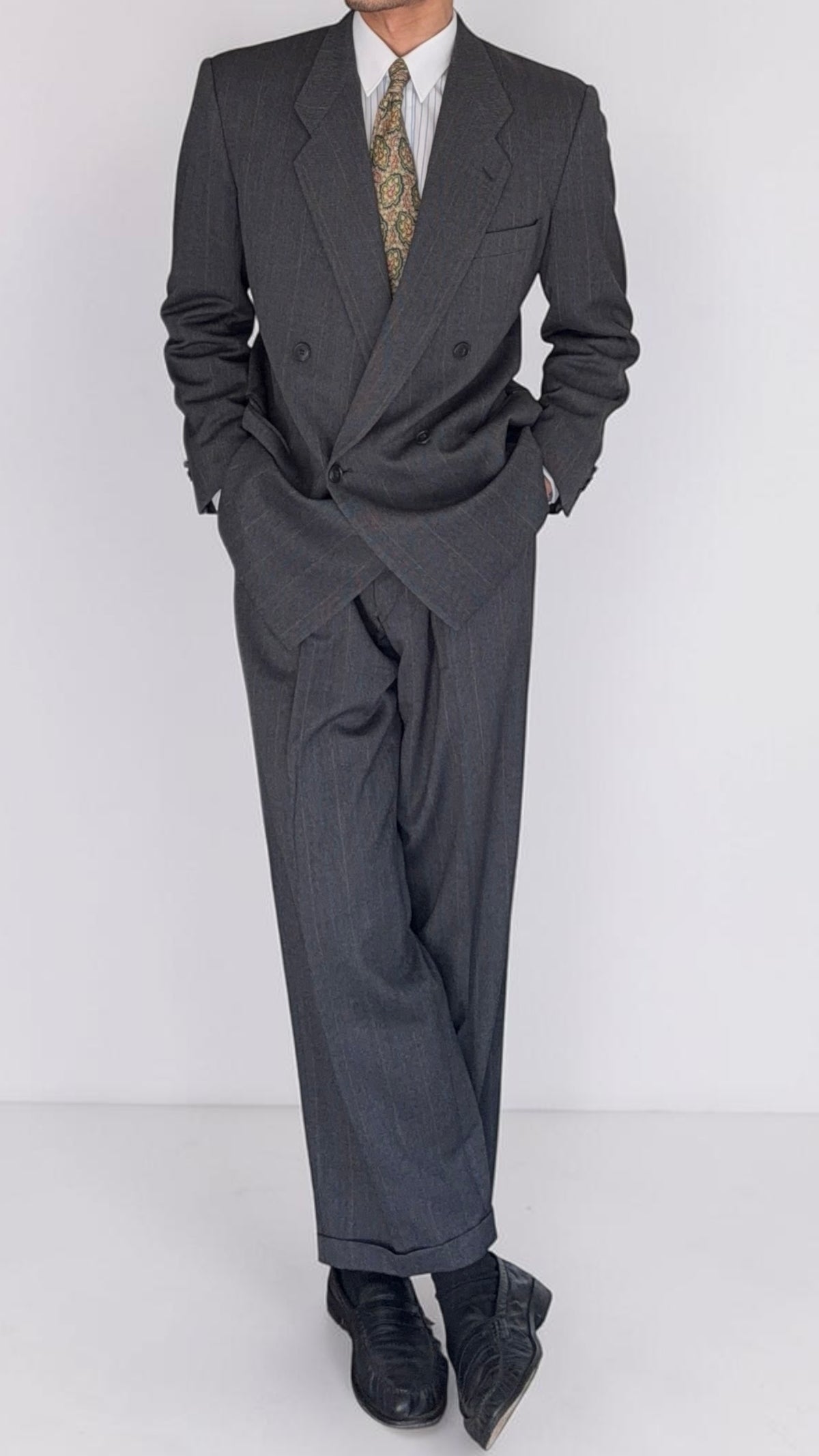 Giorgio Armani Mani 1980s Peaked Lapel Double Breasted Wool Suit Grey - Size L Jacket / 33" Waist