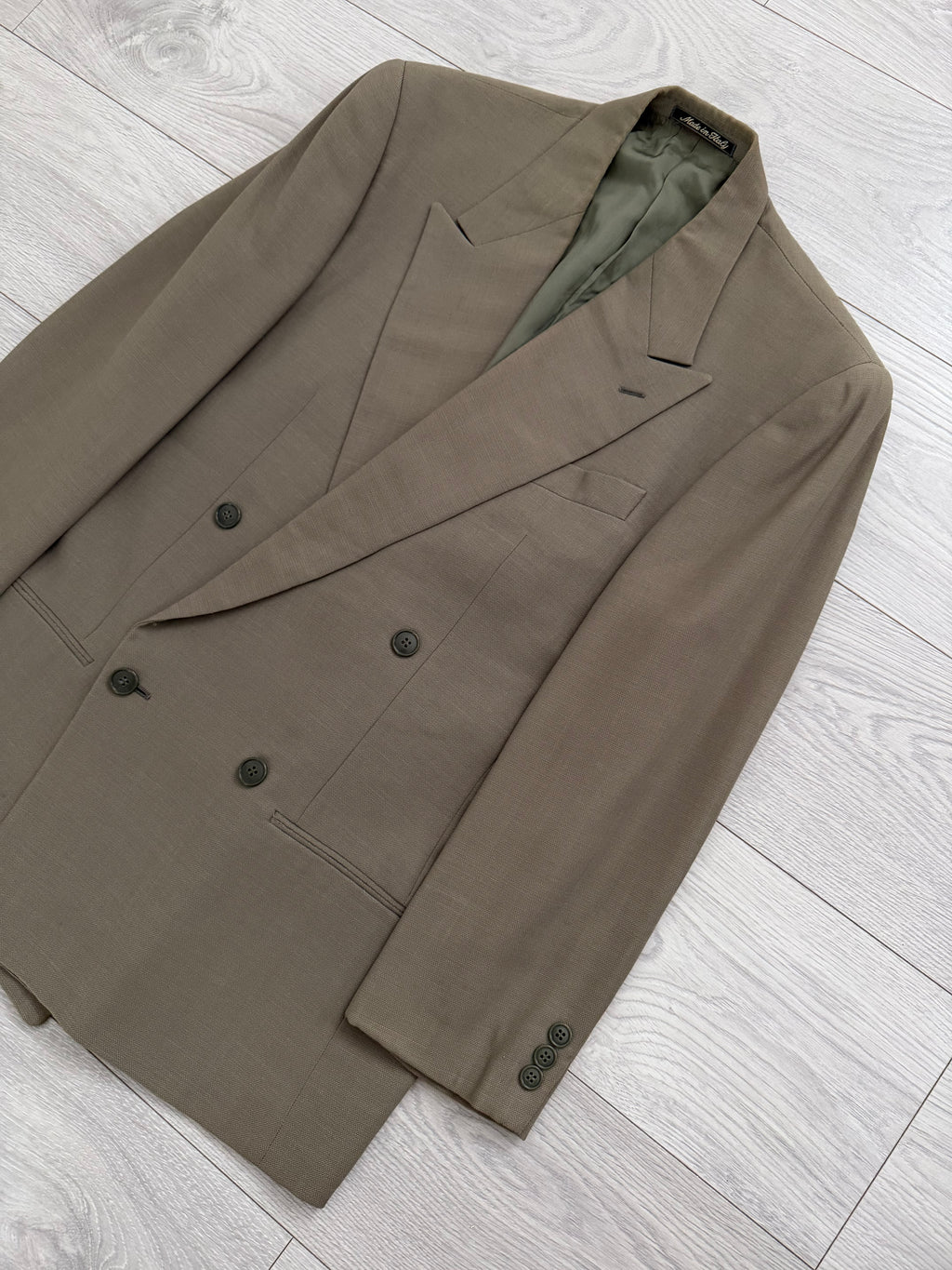 Giorgio Armani 1980s Taupe Green Peaked Lapel Double Breasted Pleated Wool Suit - Size S Jacket / 28" Waist