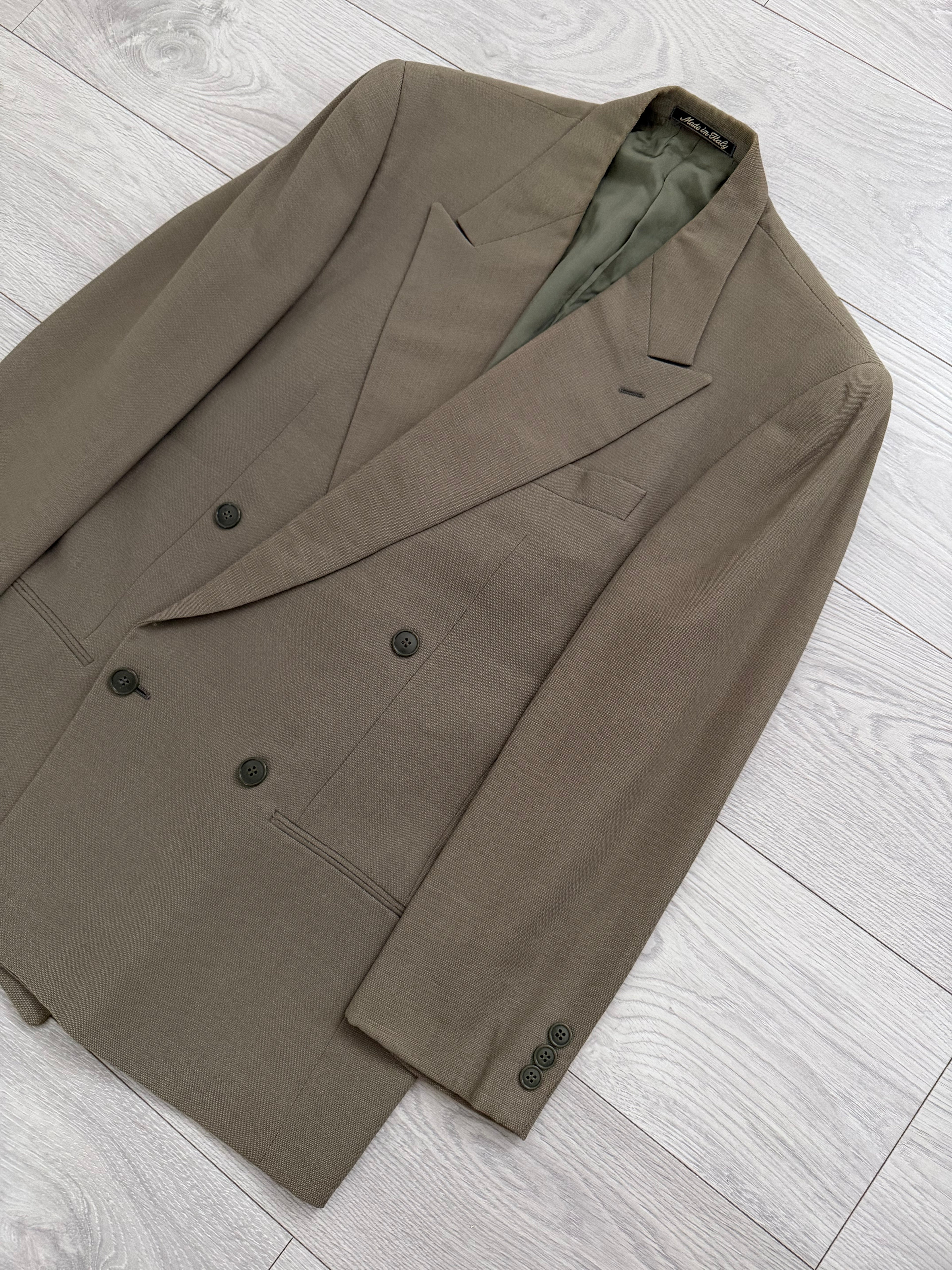 Giorgio Armani 1980s Taupe Green Peaked Lapel Double Breasted Pleated Wool Suit - Size S Jacket / 28" Waist