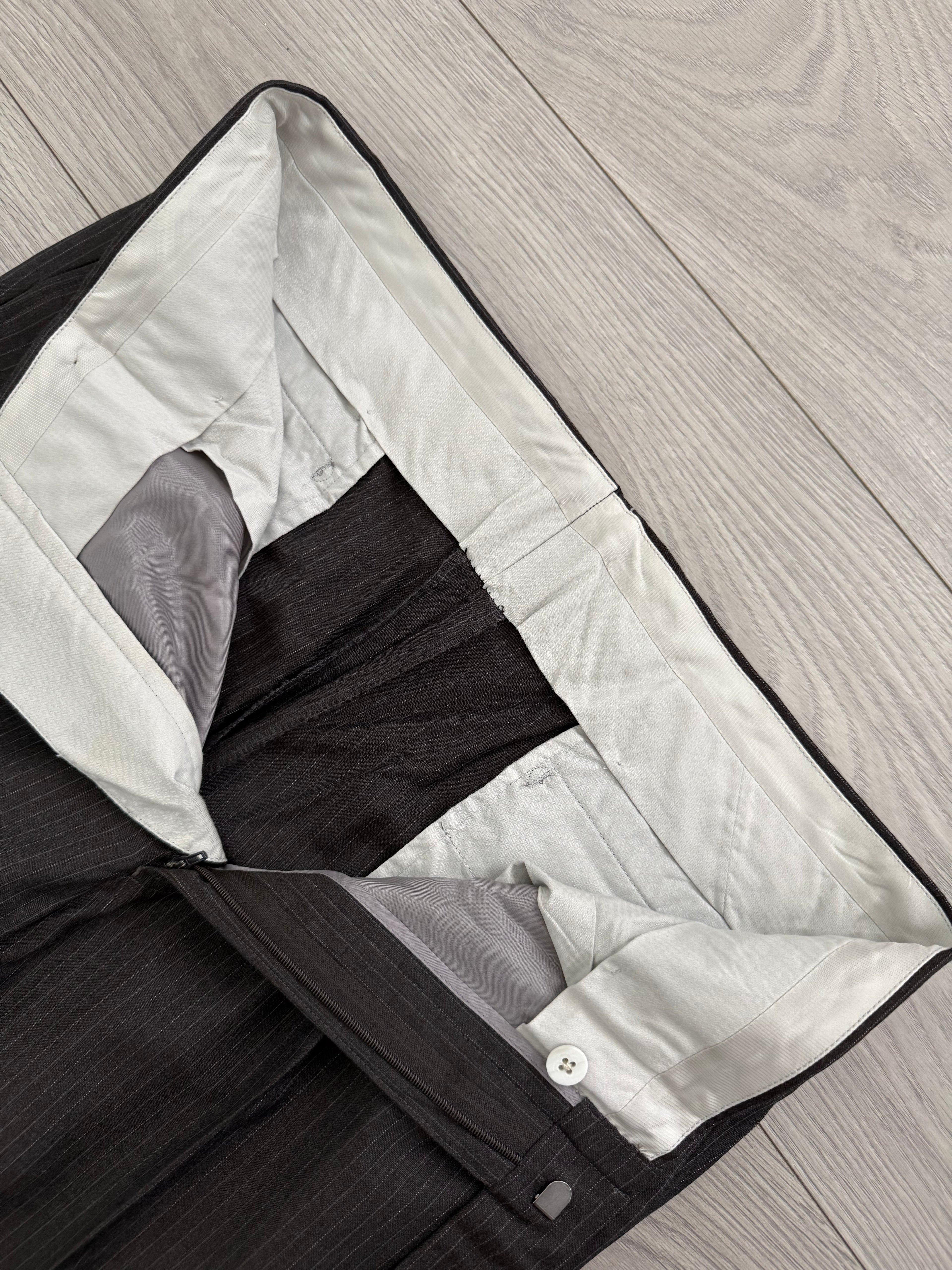 Burberry 1990s 2B Striped Wool Double-Pleat Espresso Grey Suit - Size M Jacket / 33" Waist