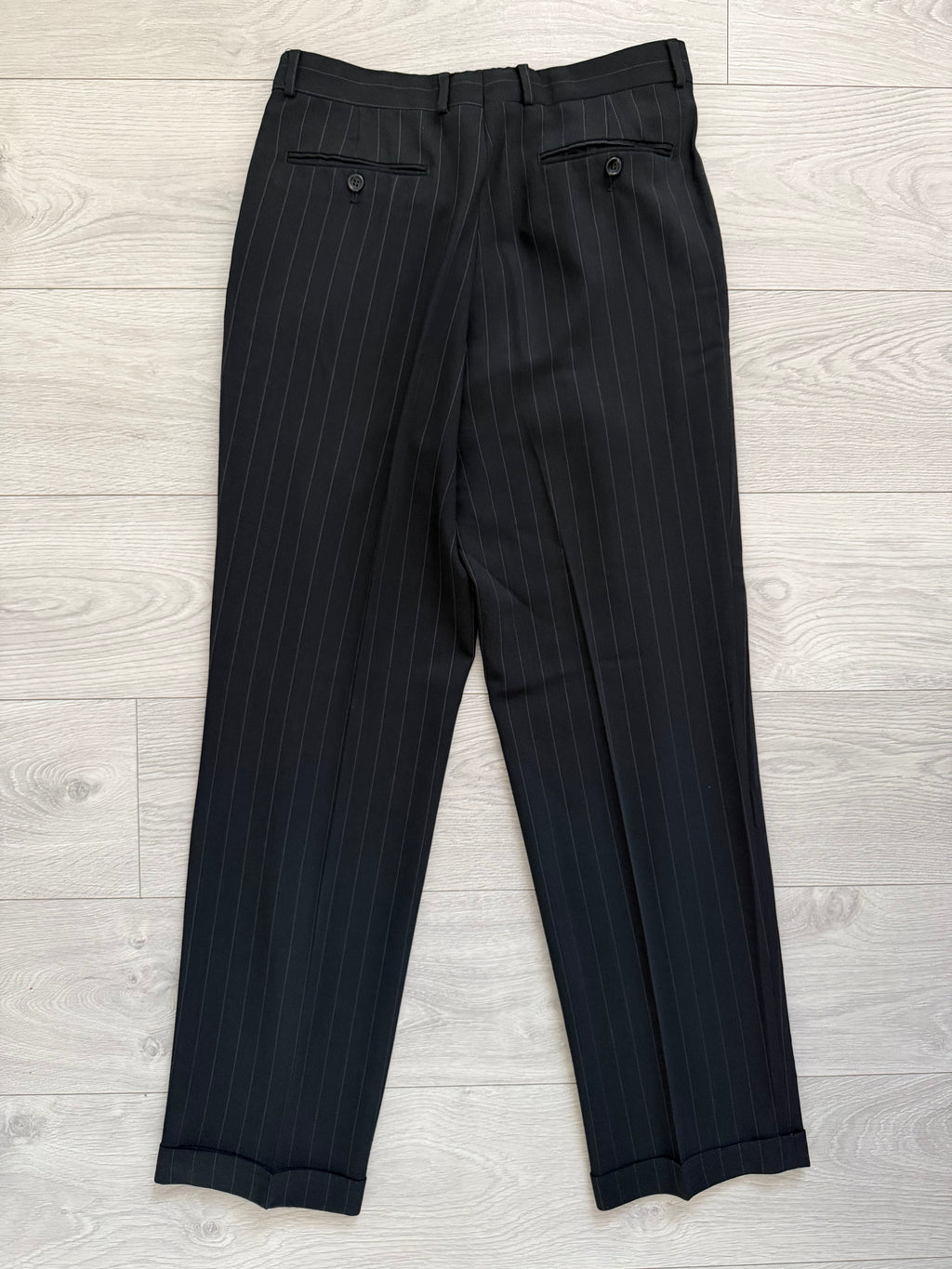 Armani 1990s Peaked Lapel Double Breasted Pinstripe Textured Wool Suit - Size M Jacket / 31" Waist
