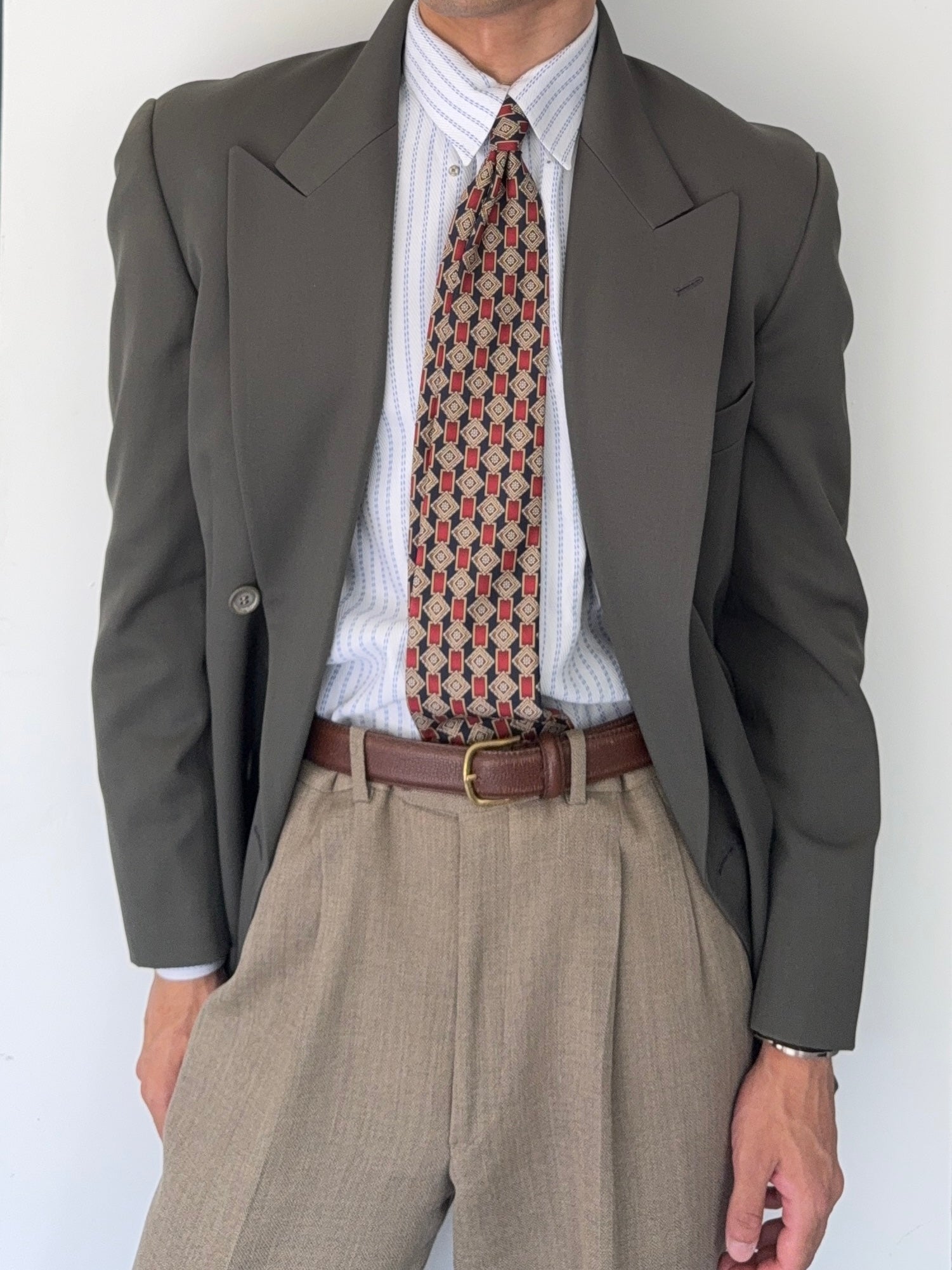 Emporio Armani 1980s Peaked Lapel Double Breasted Wool Sports Jacket Blazer Green - Size S