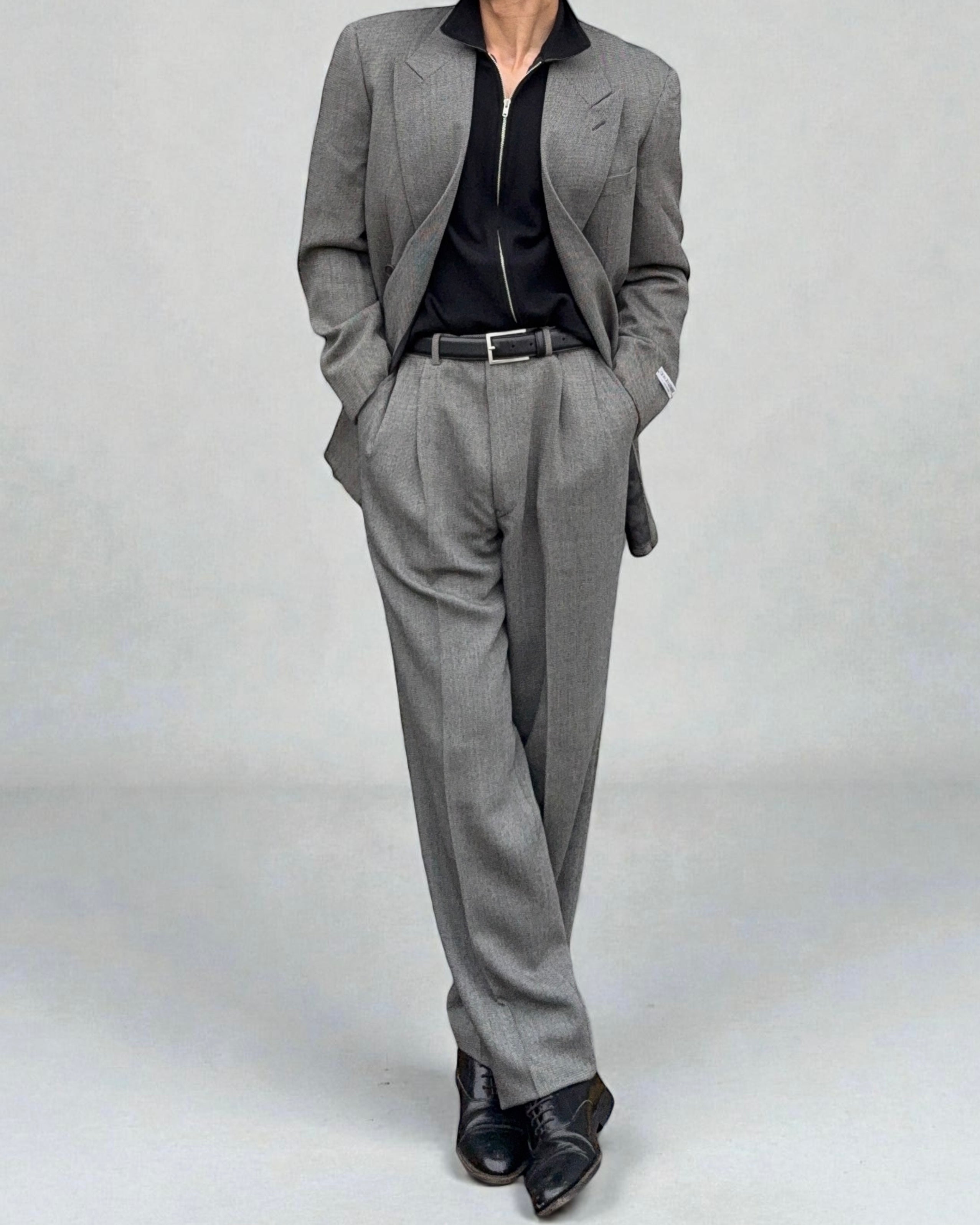 Giorgio Armani 1980s Double Breasted Pleated Wool Suit Textured Grey New - Size L Jacket / 32" Waist