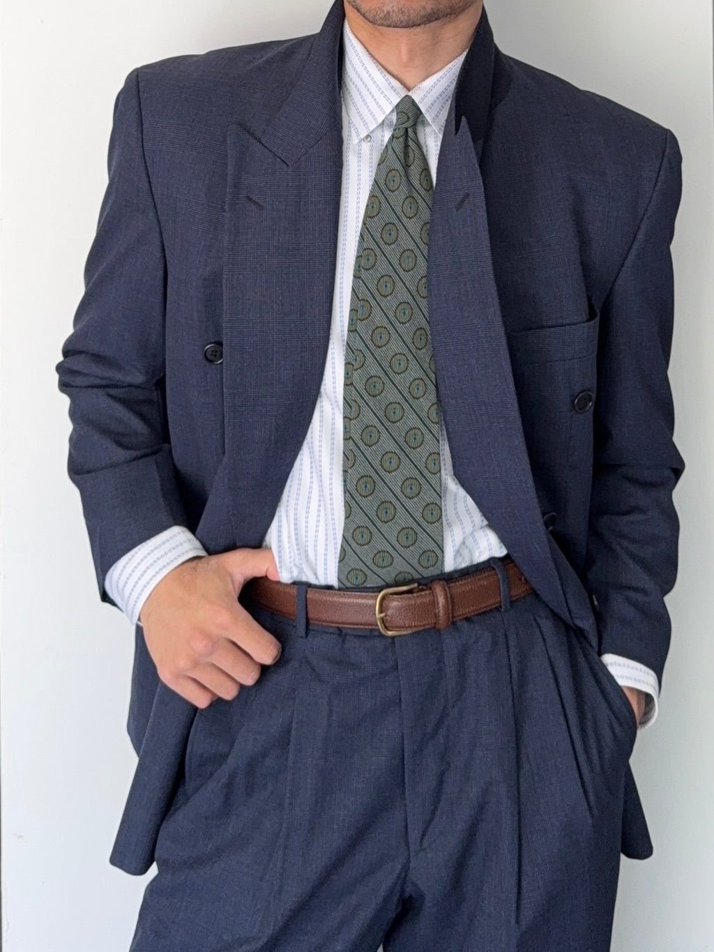 Hugo Boss 1980s 'Al Capone' Double Breasted Pleated Blue Wool Suit - Size M Jacket / 30" Waist