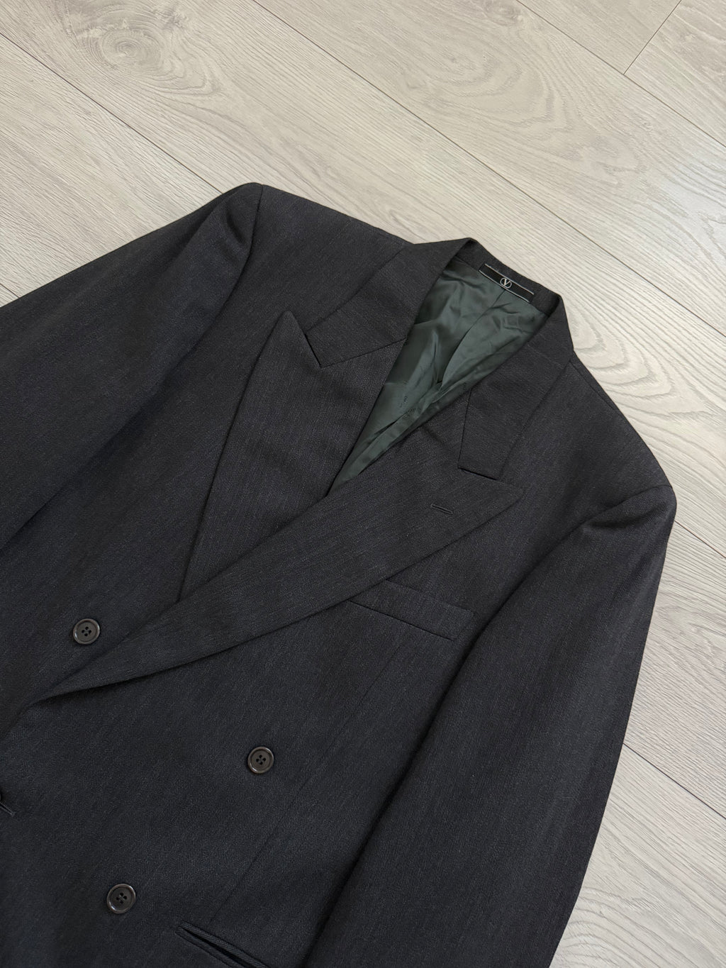 Valentino 1980s Peaked Lapel Double Breasted Wool Herringbone Grey Sport Jacket Blazer - Size L